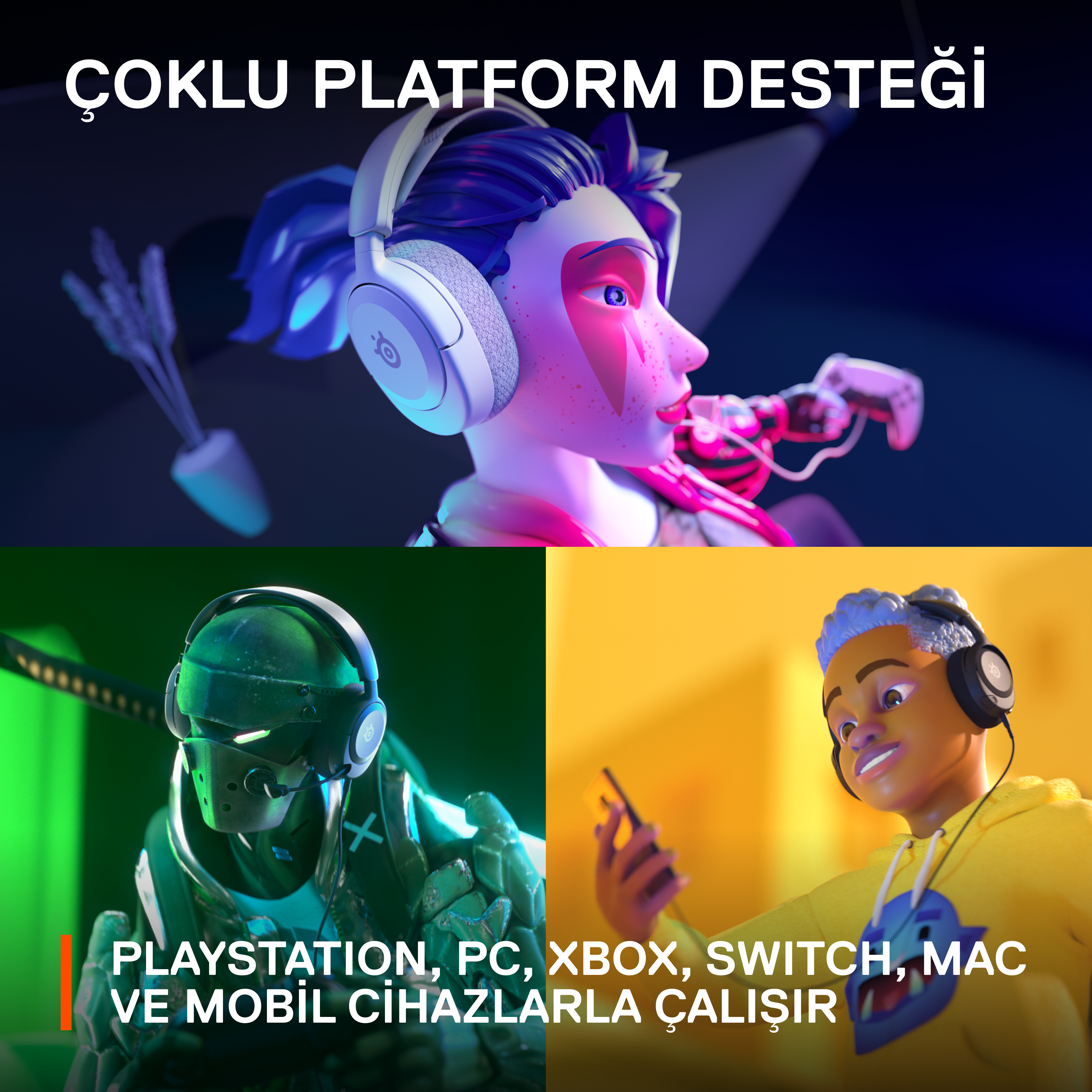 Oyun karakterleri ve çoklu platform desteği hakkında metin içeren reklam görseli.