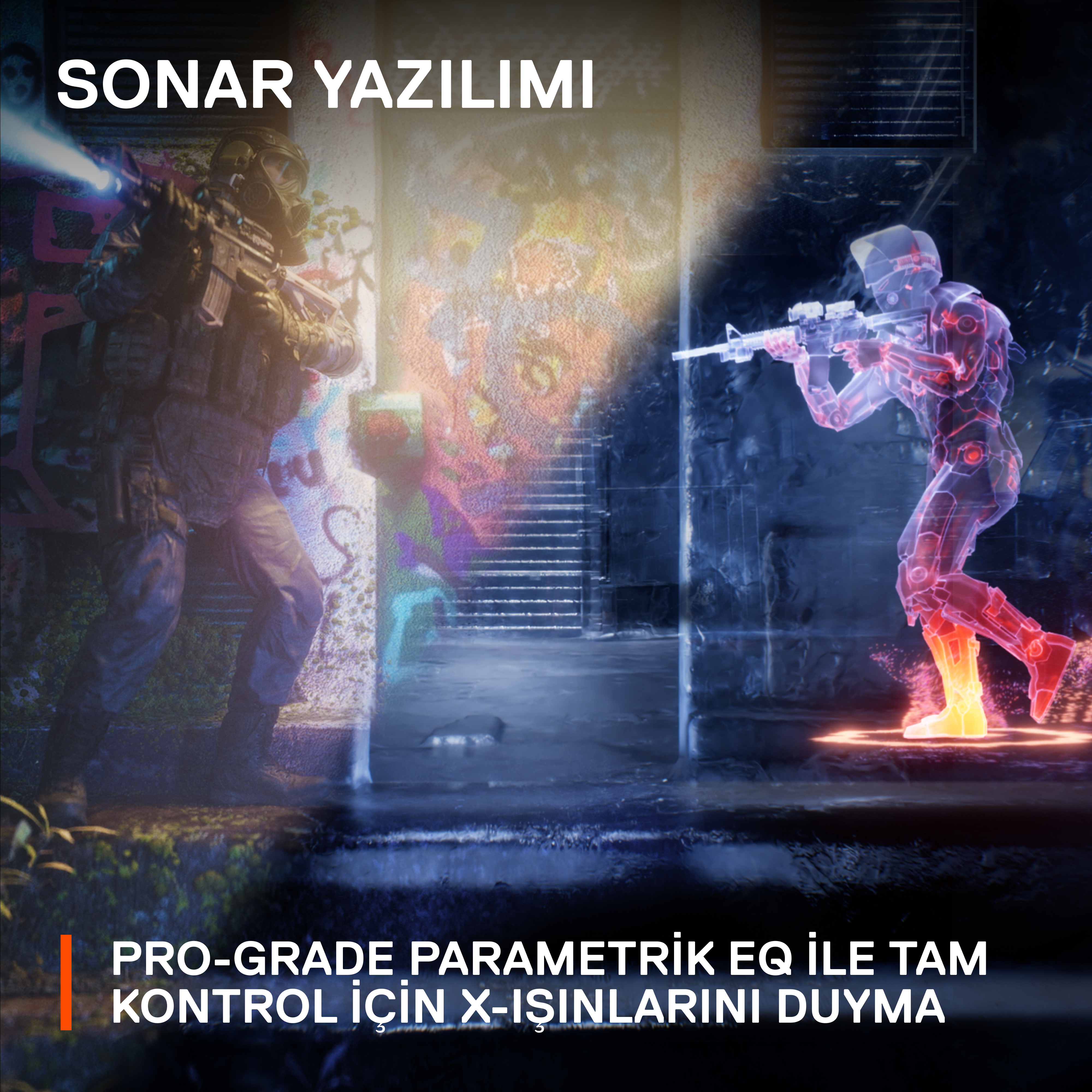 Bir video oyunu sahnesinde iki figür, biri parlayan bir kontur ve silahla.