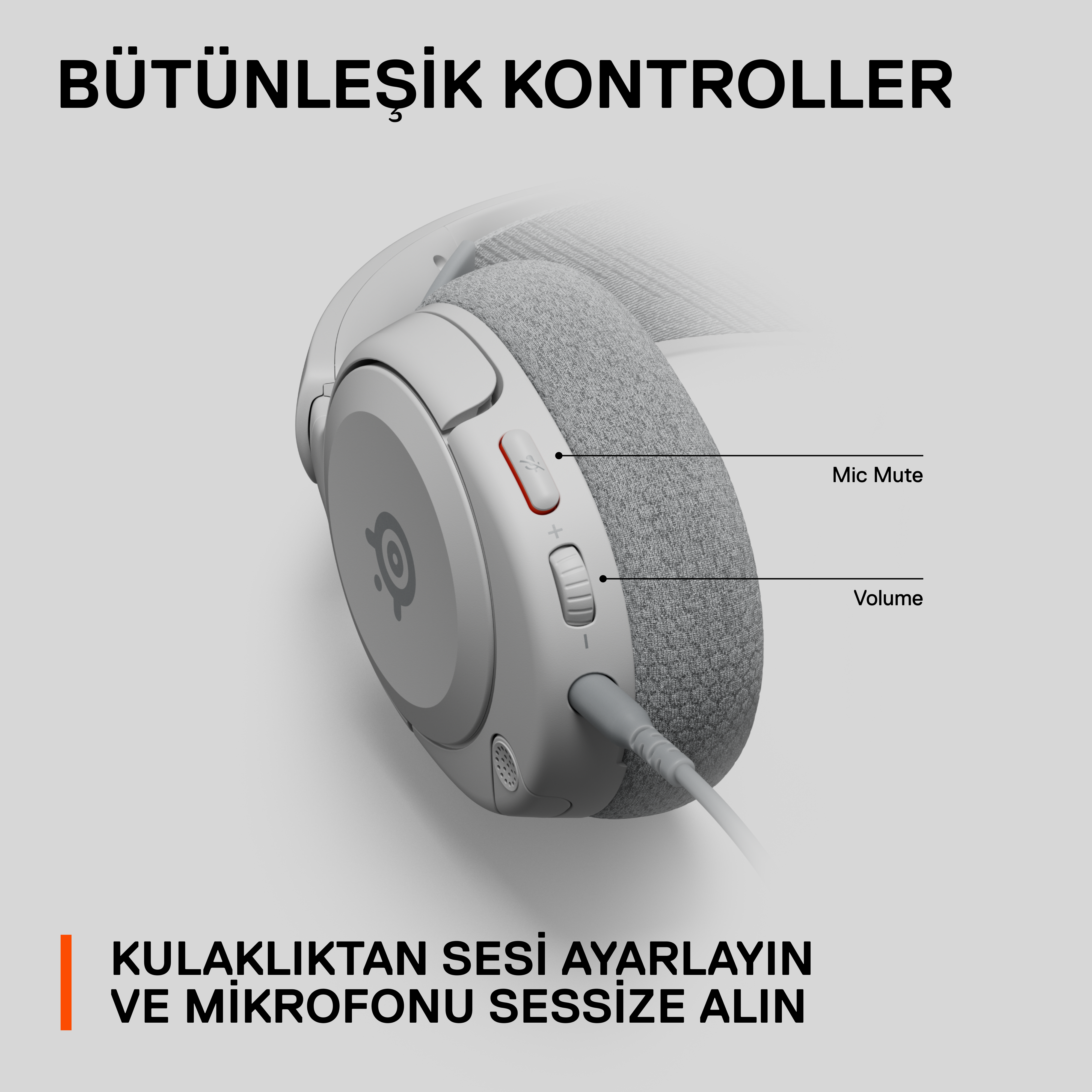 Ses seviyesi ve sessize alma kontrolü için düğmeleri olan beyaz ve gri bir kulaklık. Metin, kontrolleri etiketliyor.