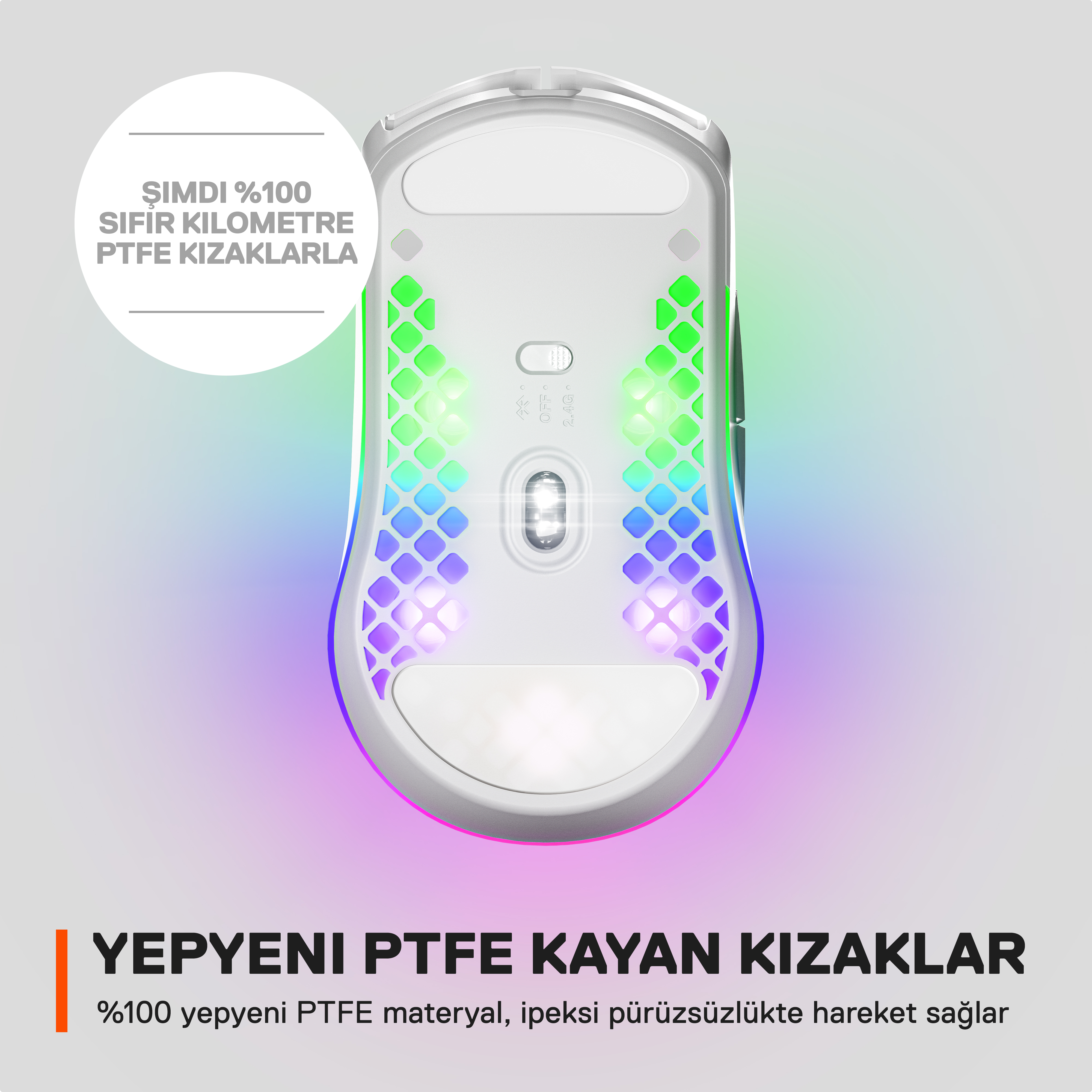 Beyaz bir oyun faresinin altı. RGB ışıkları ve turuncu metin var.