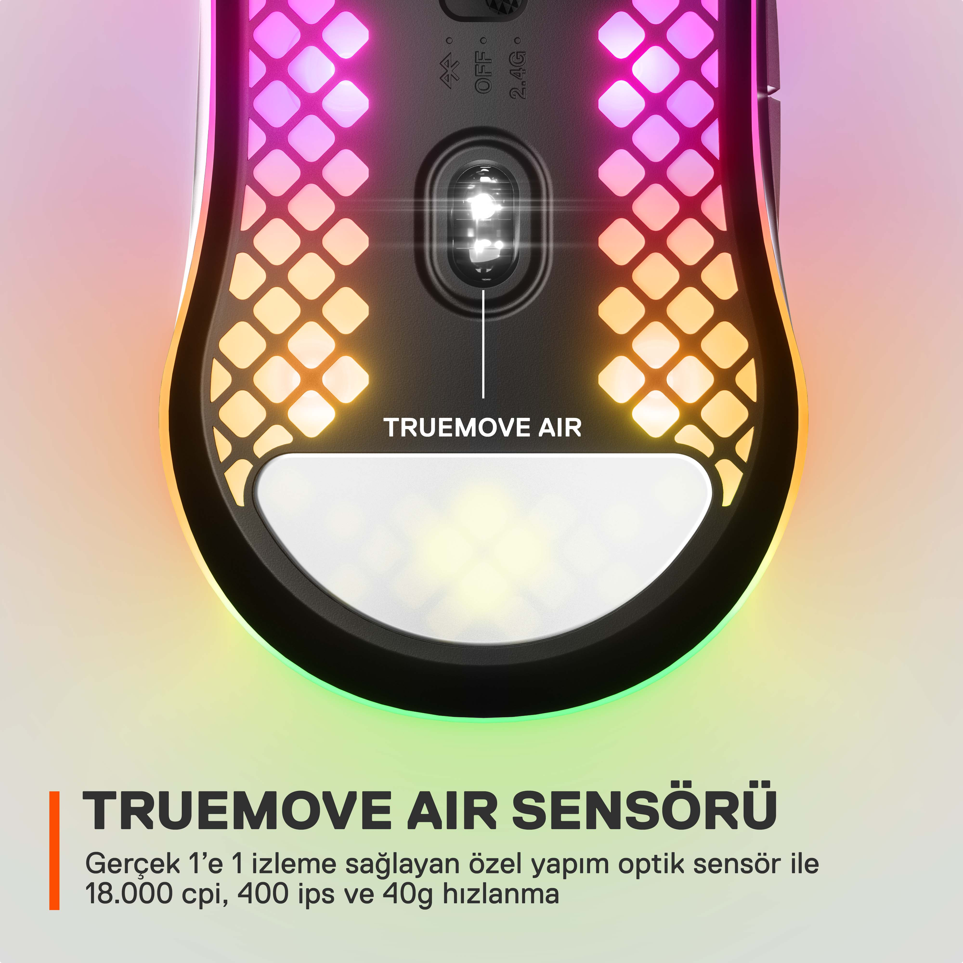 Oyun faresi alt tarafı, RGB aydınlatma ve metin: TRUEMOVE AIR SENSORÜ