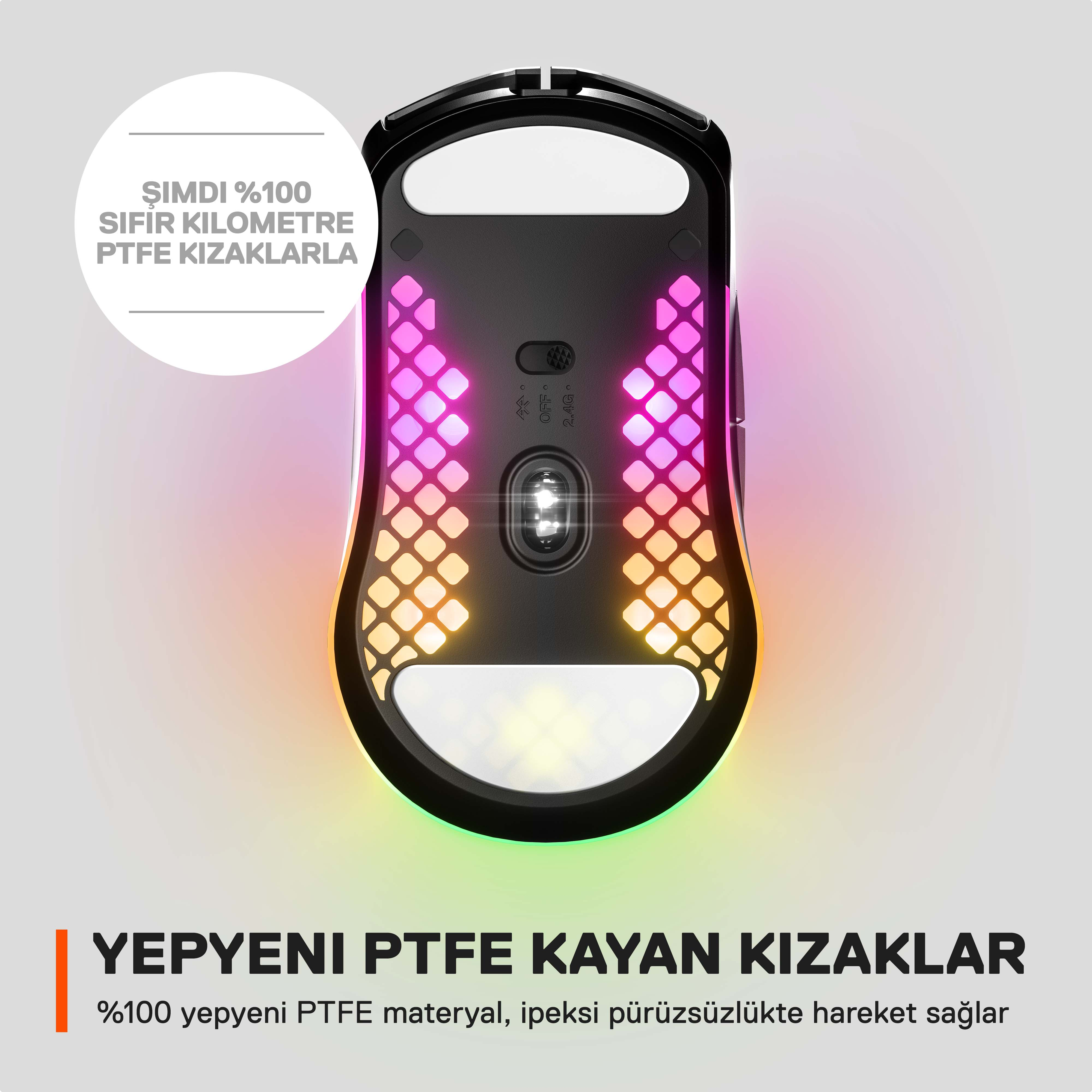 Renkli RGB aydınlatmalı ve 'YEPYENI PTFE KAYAN KIZAKLAR' yazılı bir oyun faresinin alt kısmı.