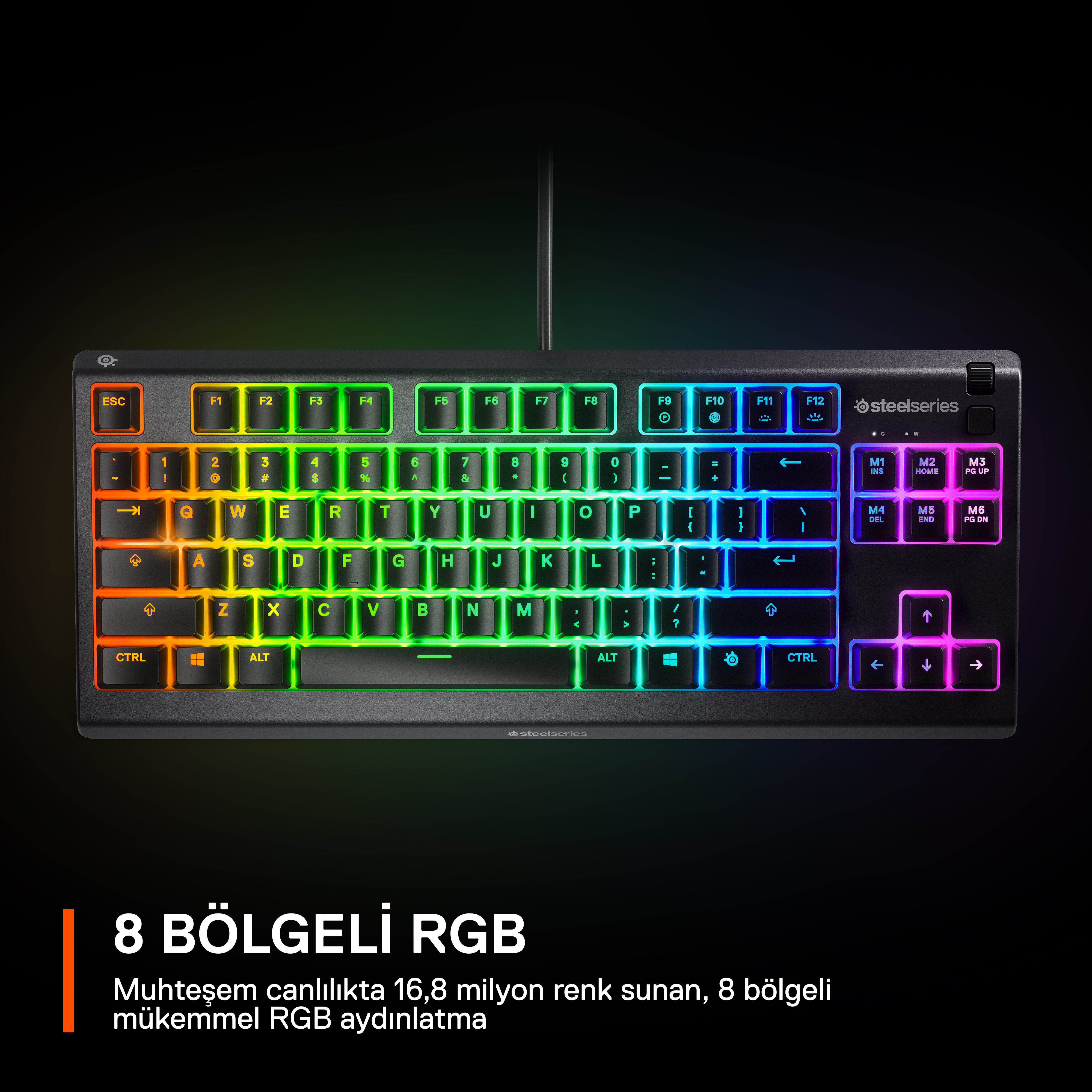 RGB aydınlatmalı siyah klavye. Metin Türkçe: 8 BÖLGE RGB.