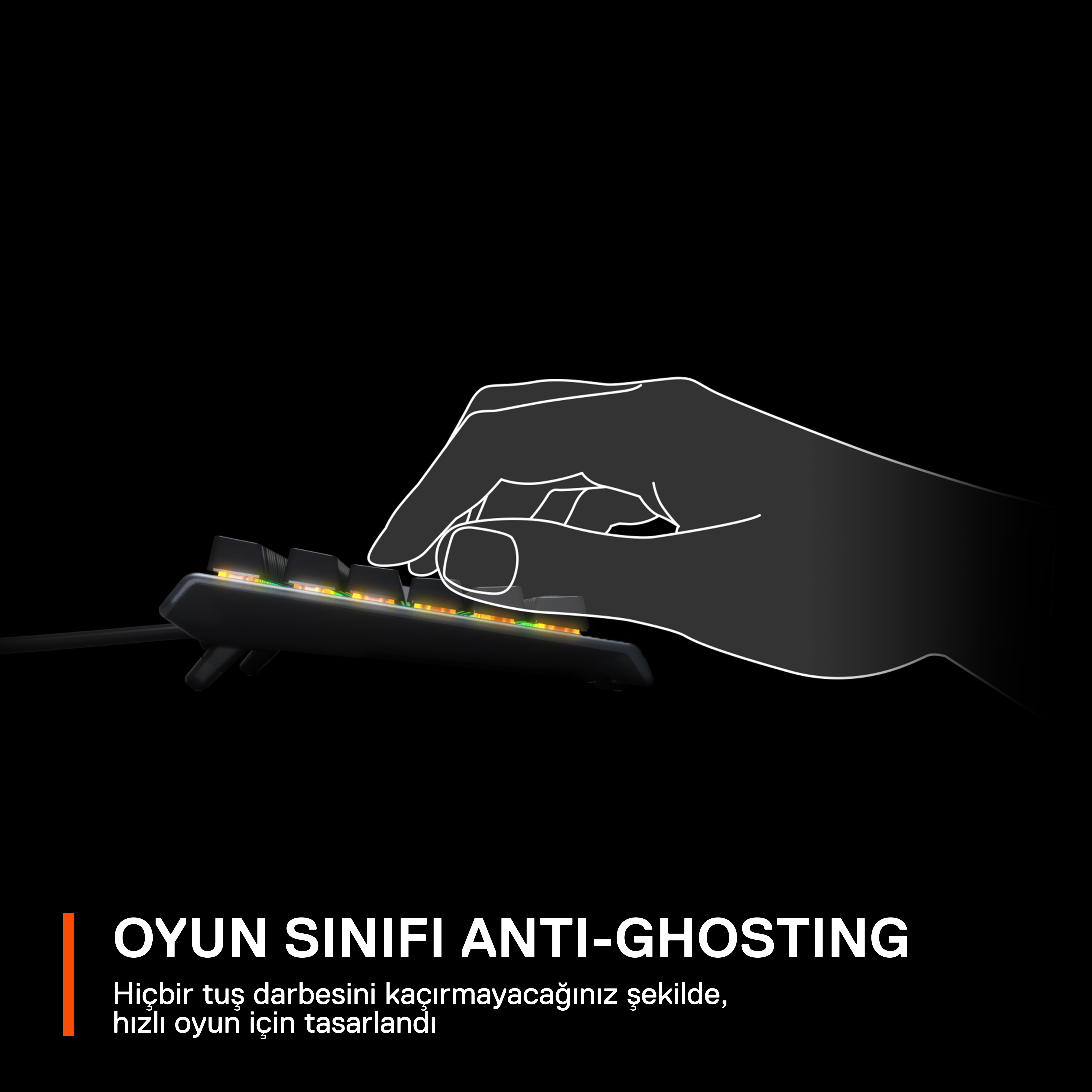 Bir kişinin eli bir klavyenin üzerinde, vurgulanmış bir alan ve anti-ghosting hakkında metin.