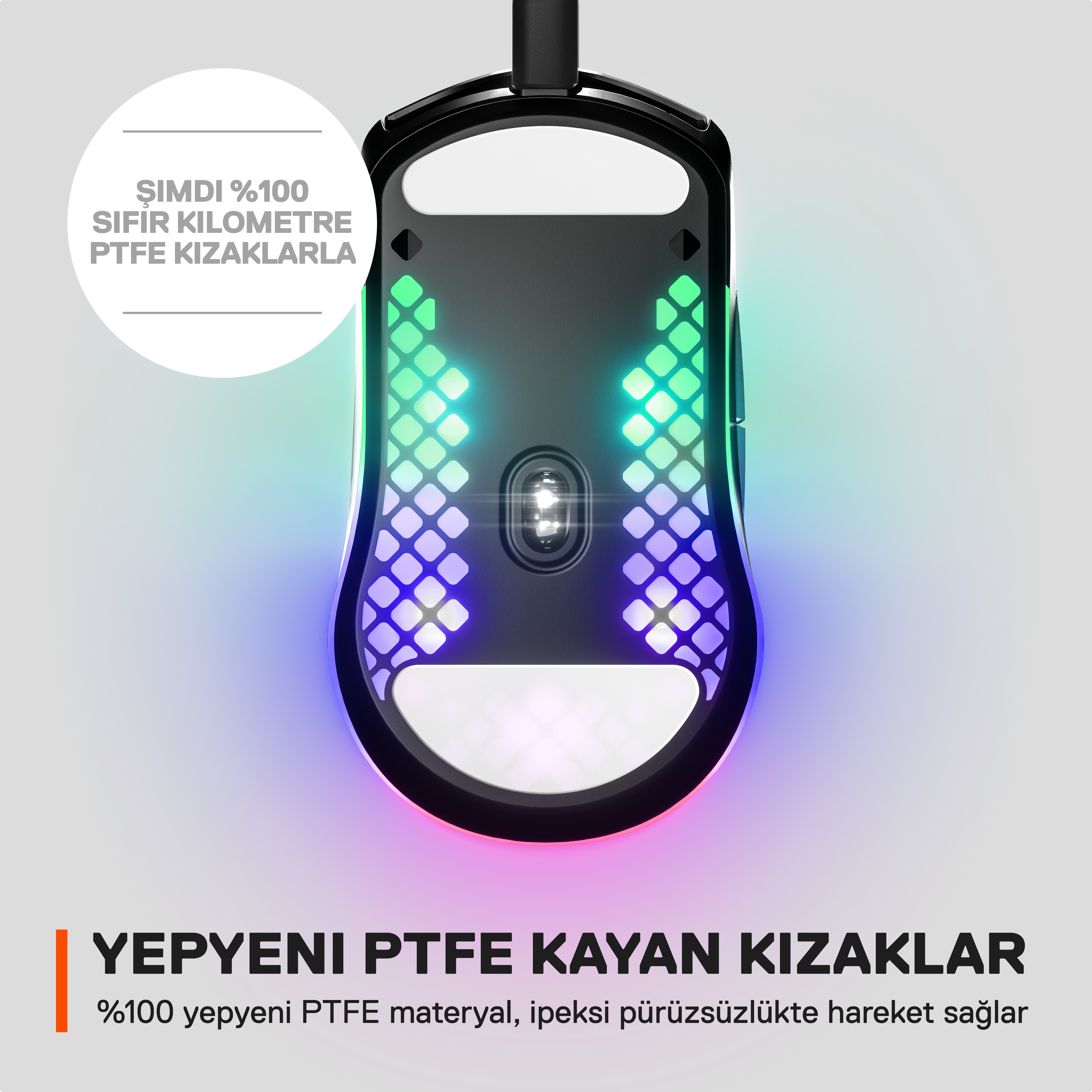 Oyun faresi, alt görünüm, parlayan ışıklar ve PTFE patenler hakkında metin.