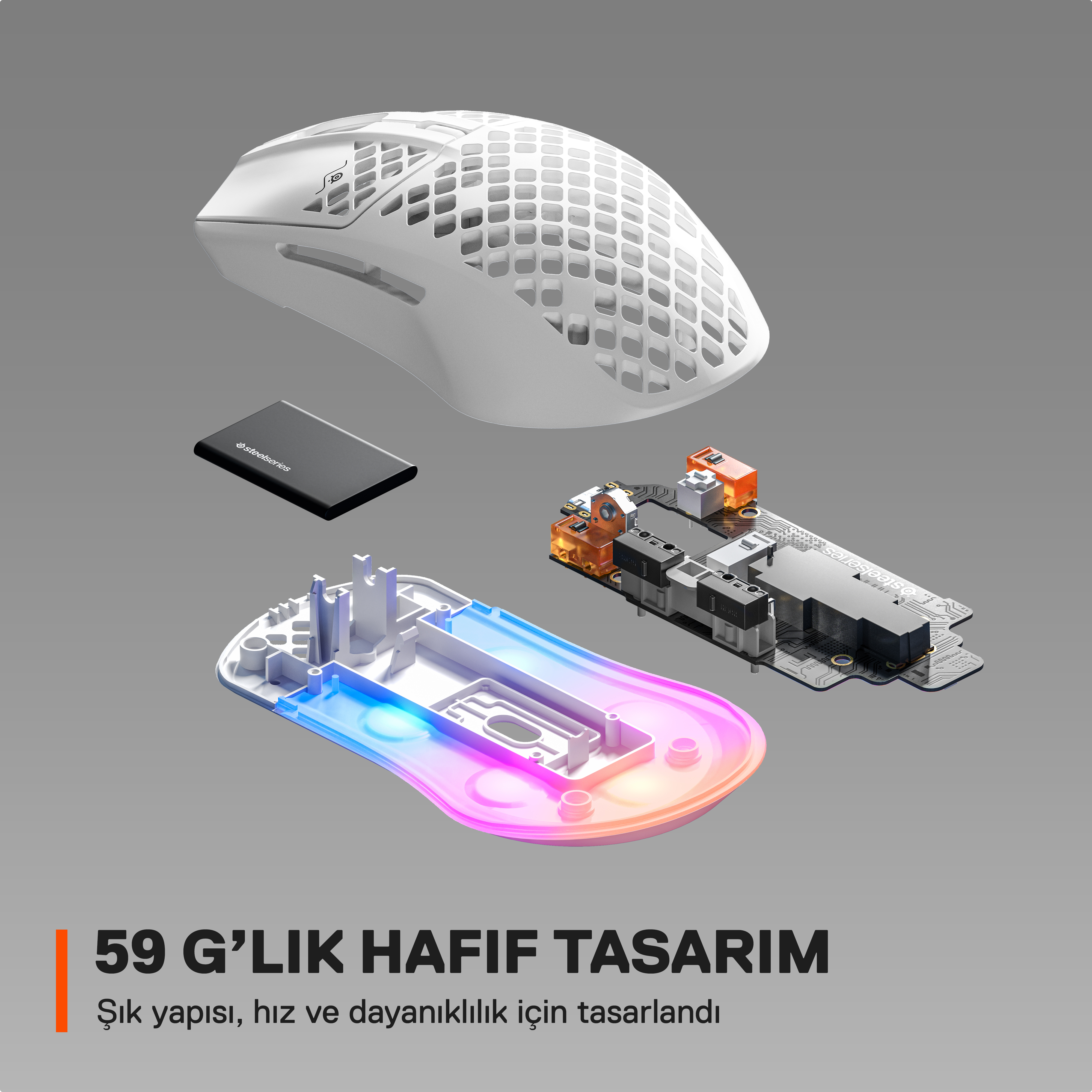 Beyaz bir oyun faresinin patlamış görünümü, iç bileşenlerini ve RGB aydınlatmasını vurgular.