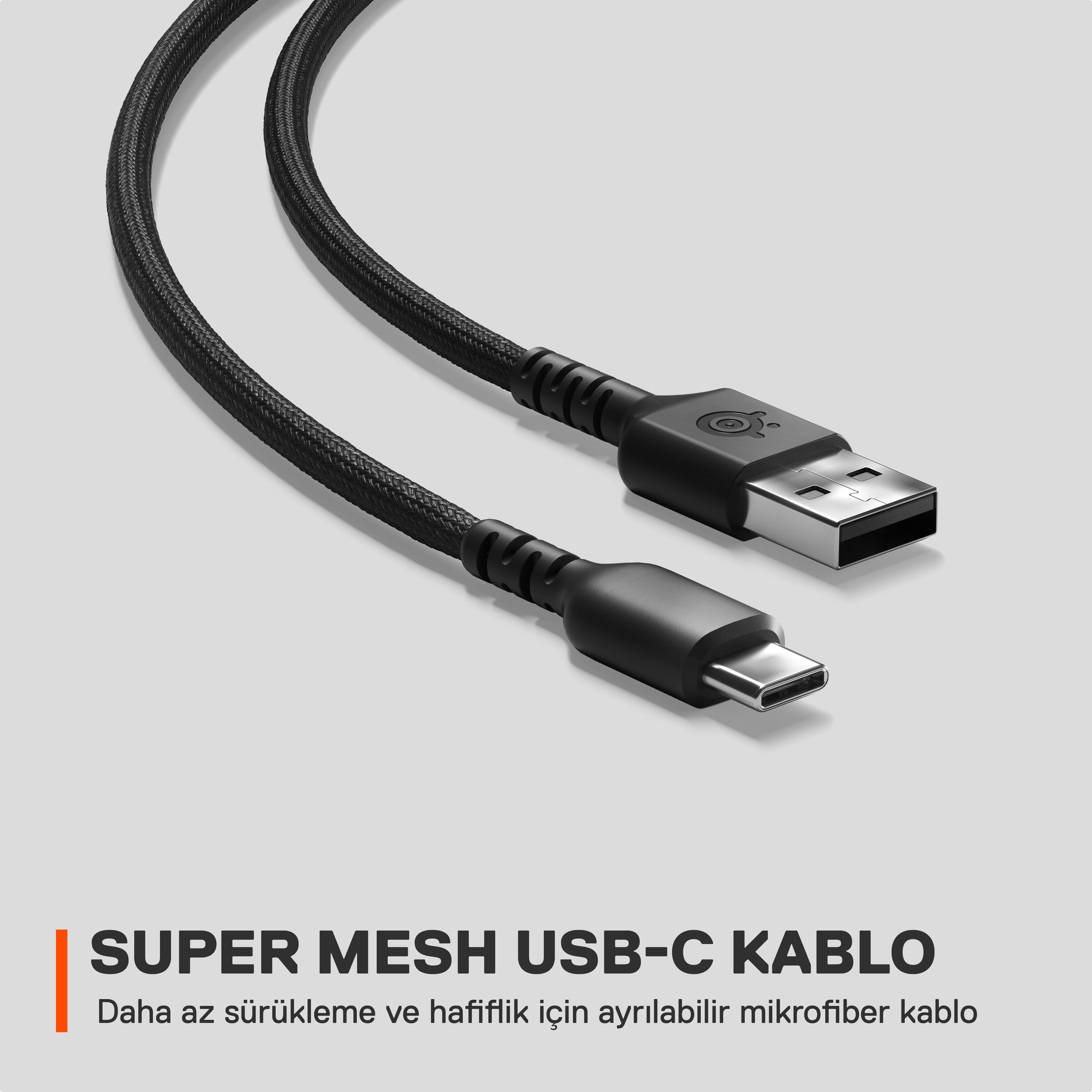 USB konektörlü siyah USB-C kablosu. Metin: süper örgü USB-C kablosu.