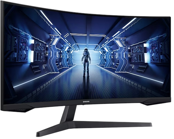 Een gebogen Samsung gaming monitor met een futuristische interieurscène.