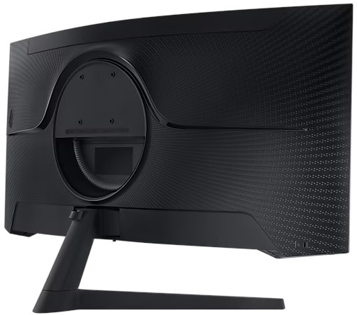 Gebogen zwarte computermonitor, achteraanzicht. Zwarte voet onderaan.
