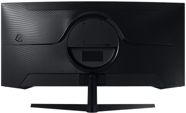 Zwarte, gebogen gaming-monitor, achteraanzicht, met gestructureerd ontwerp.