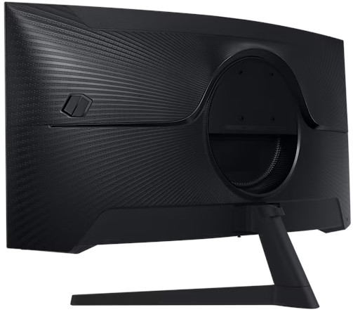 De achterkant van een zwarte Samsung monitor. Het heeft een gestructureerd ontwerp en een standaard.