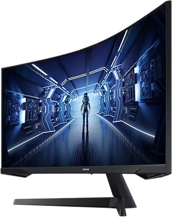 Gebogen zwarte monitor met een futuristische scène met een figuur.