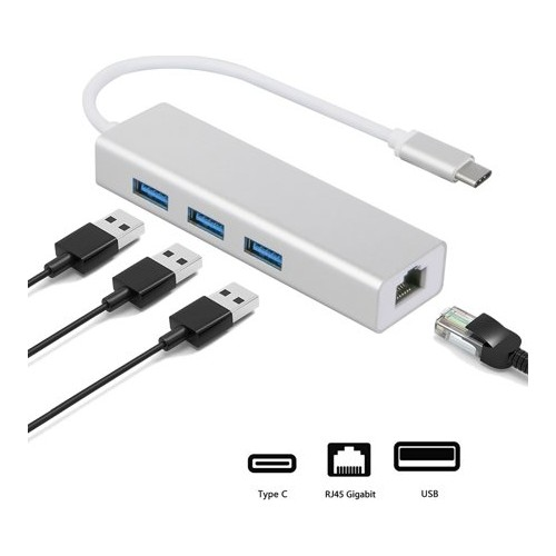 Gümüş bir USB hub, çoklu USB portları, bir Tip C portu ve bir Ethernet portu, beyaz arka plan.