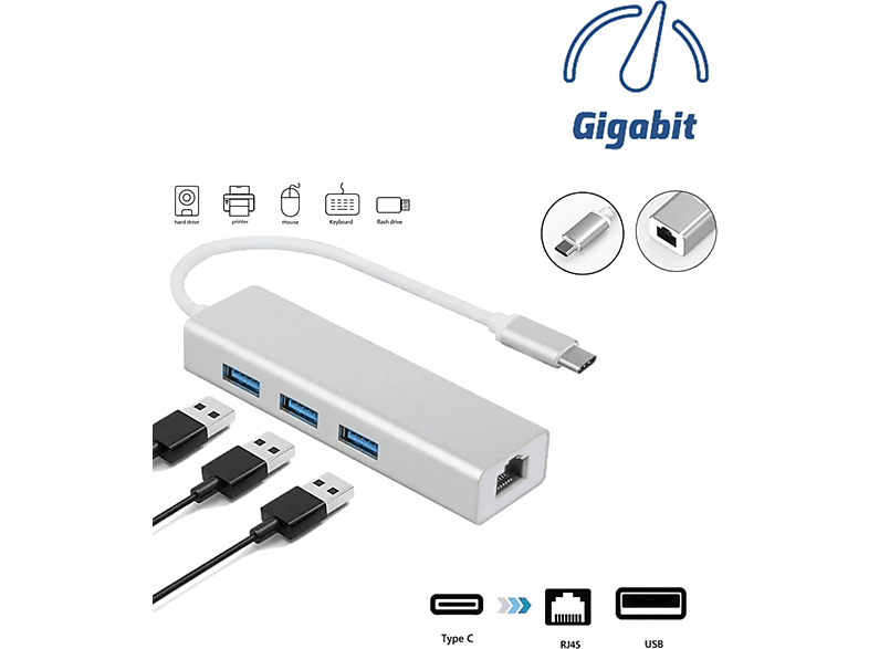 DAYTONA FC05-G Macbook Uyumlu Type-C USB 3.1 to 3* USB 3.0 1000 Mbps Gigabit Ethernet RJ45 Çevirici Adaptör Gümüş