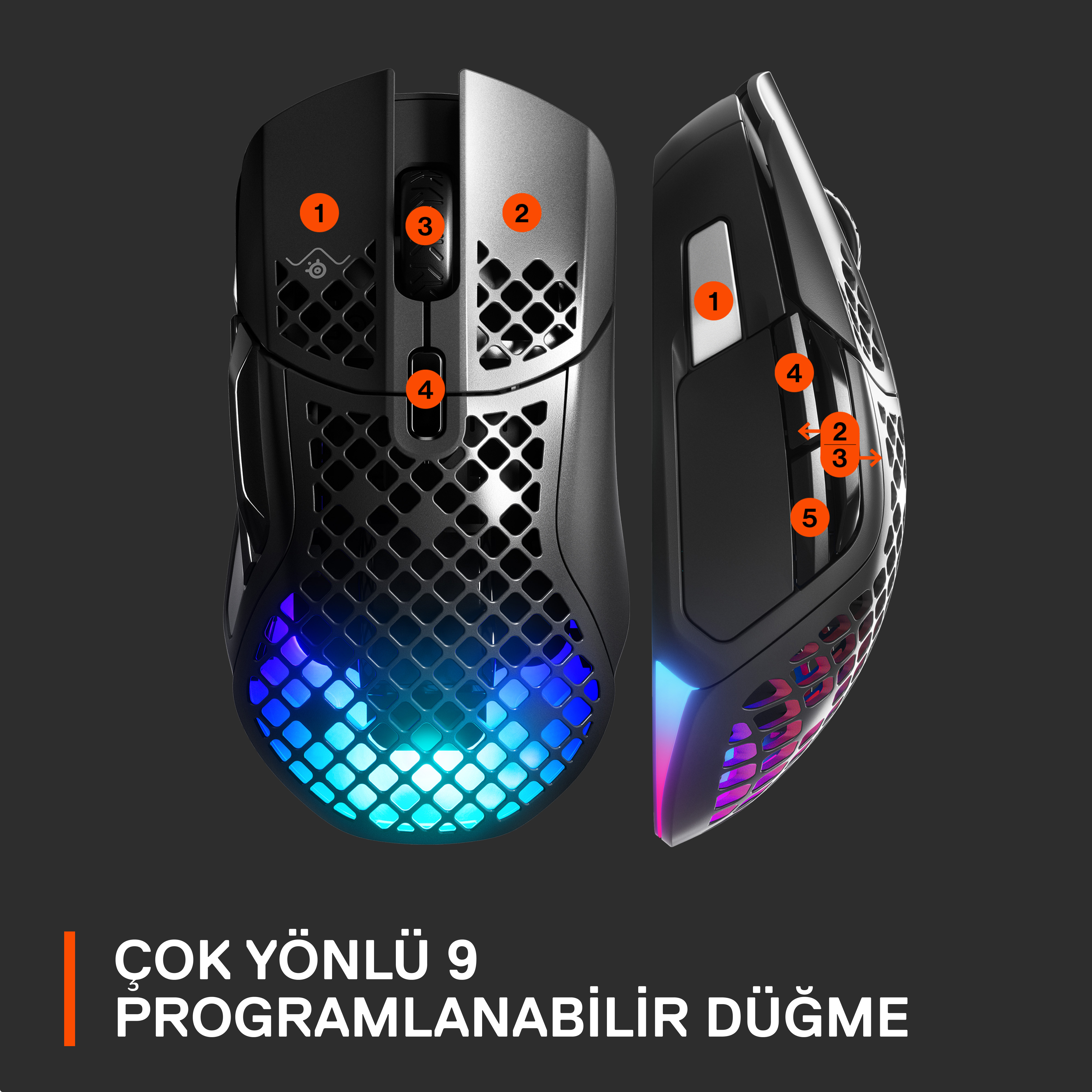 9 programlanabilir düğmeli oyun faresi. Petek tasarımına ve RGB aydınlatmaya sahiptir.