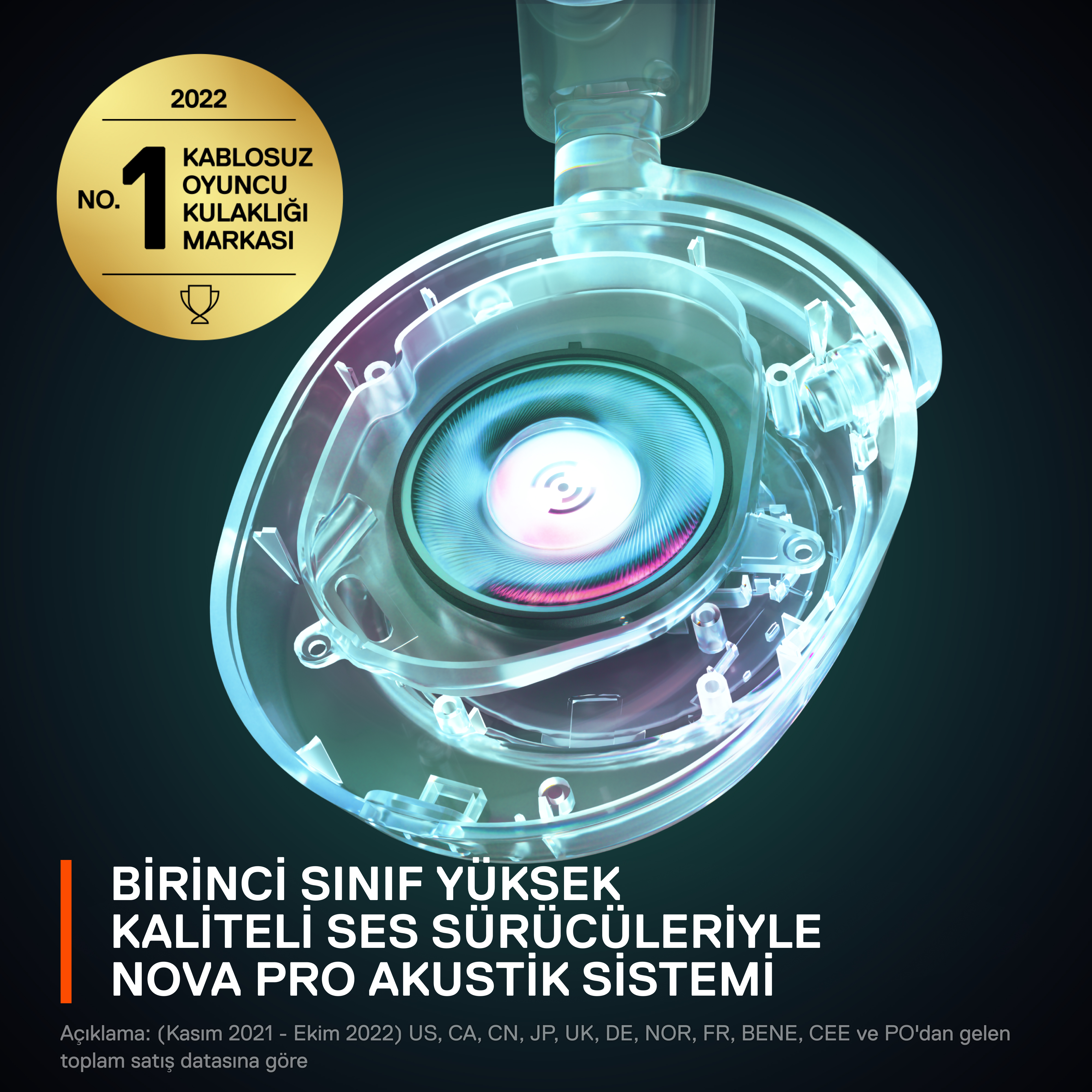 Bir kulaklığın patlama görünümü, özellikleri hakkında metin ve 2022 için bir altın madalya ile.