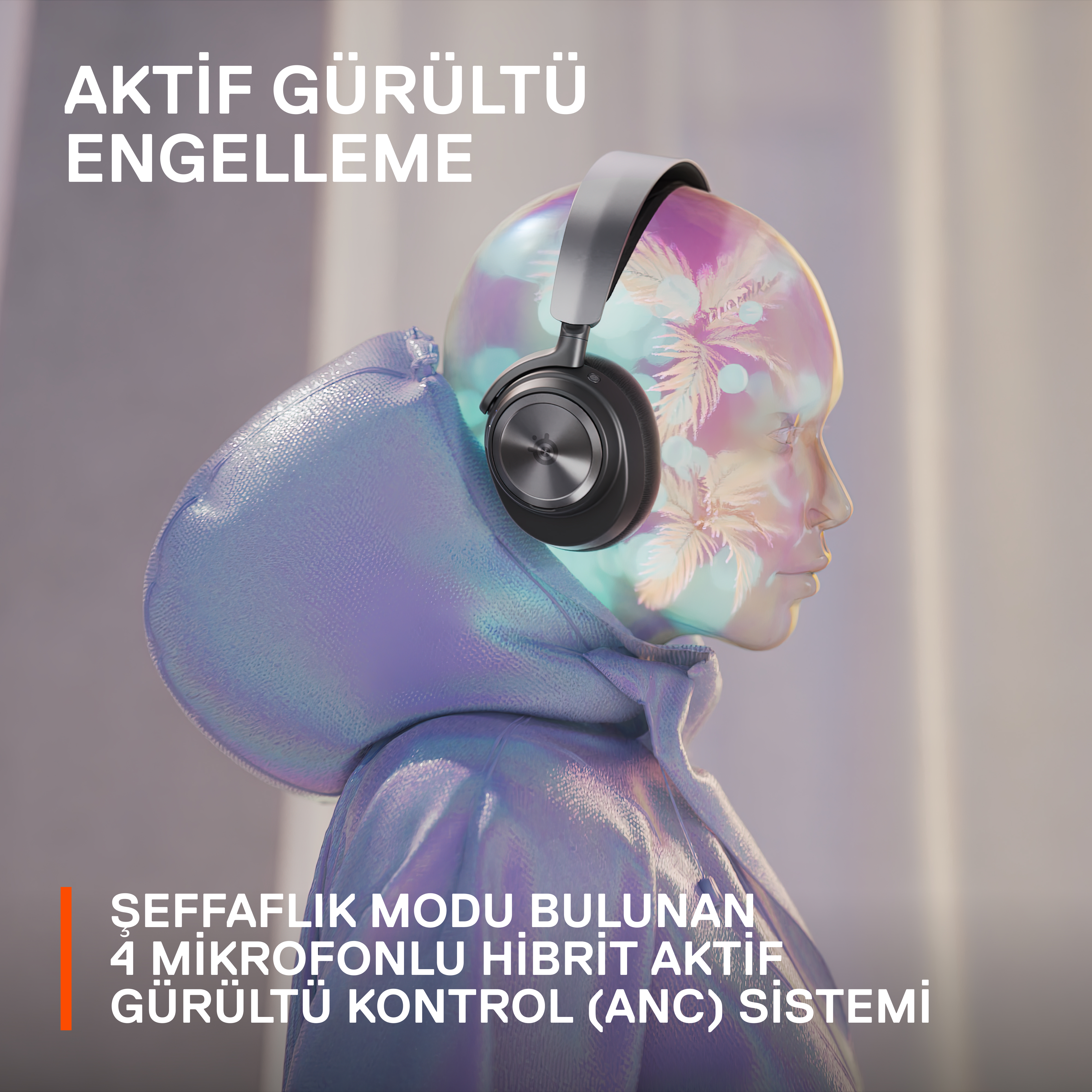 Mavi bir kapüşonlu giyen ve kulaklık takan bir kişi, bazı grafik efektlerle.