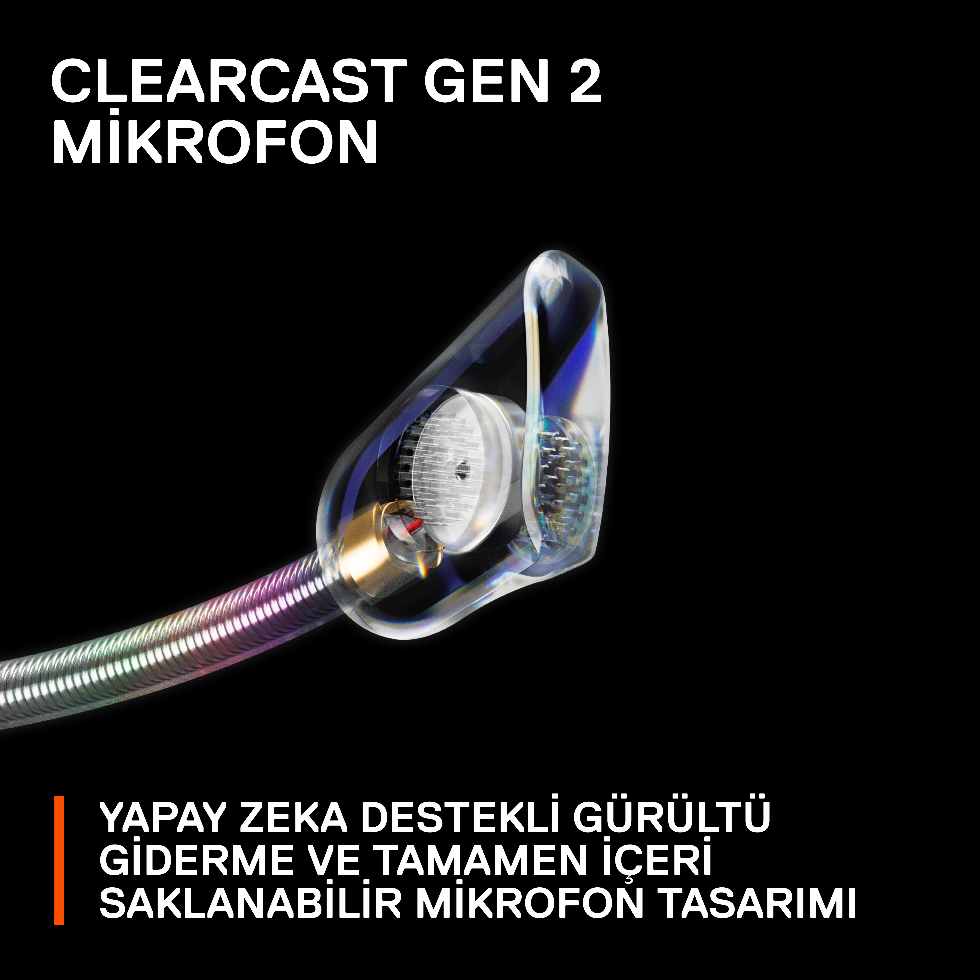 Siyah zemin üzerinde şeffaf bir kapaklı, metinli bir mikrofon.