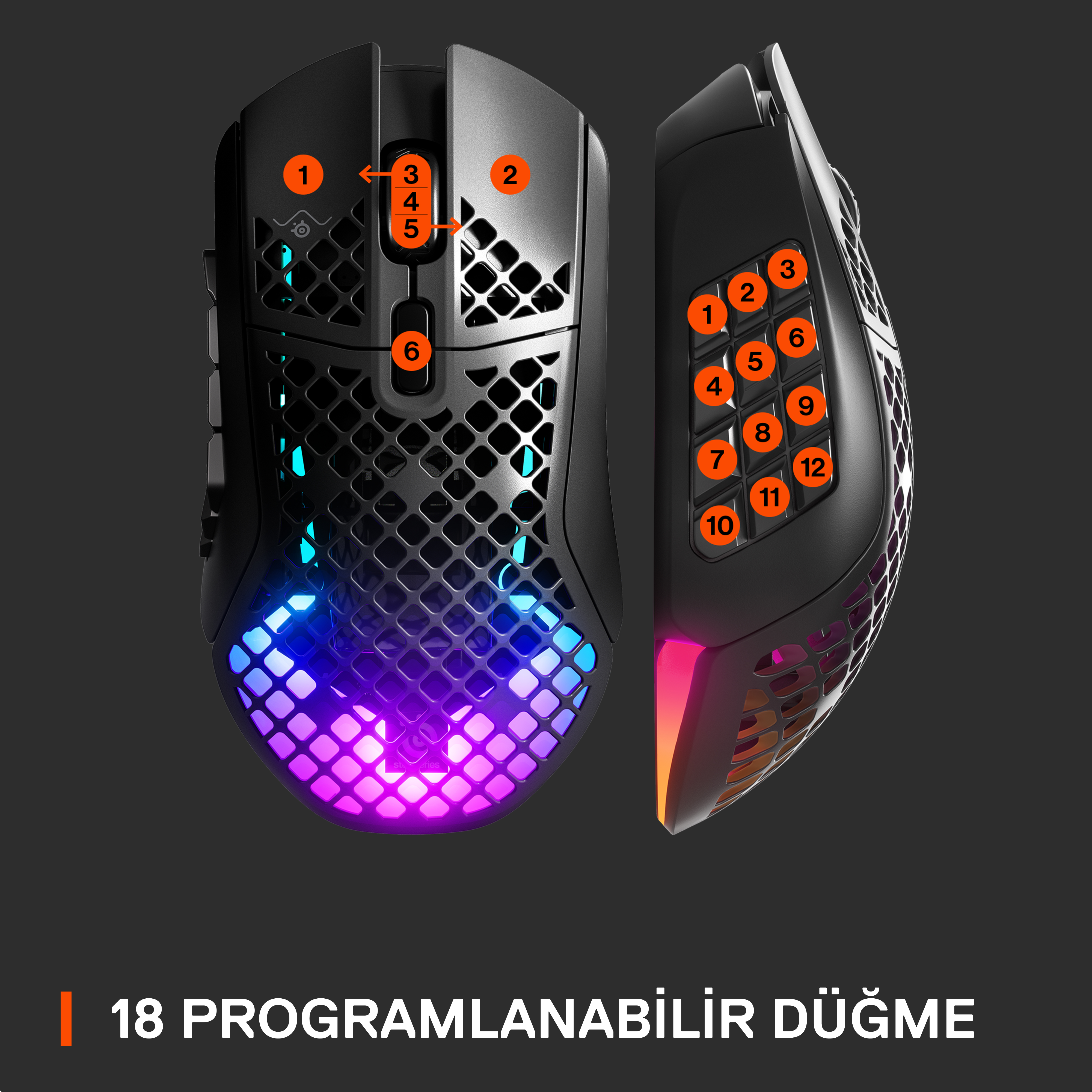 18 programlanabilir tuşlu, siyah ve turuncu oyun faresi. Tuşlar numaralandırılmıştır.
