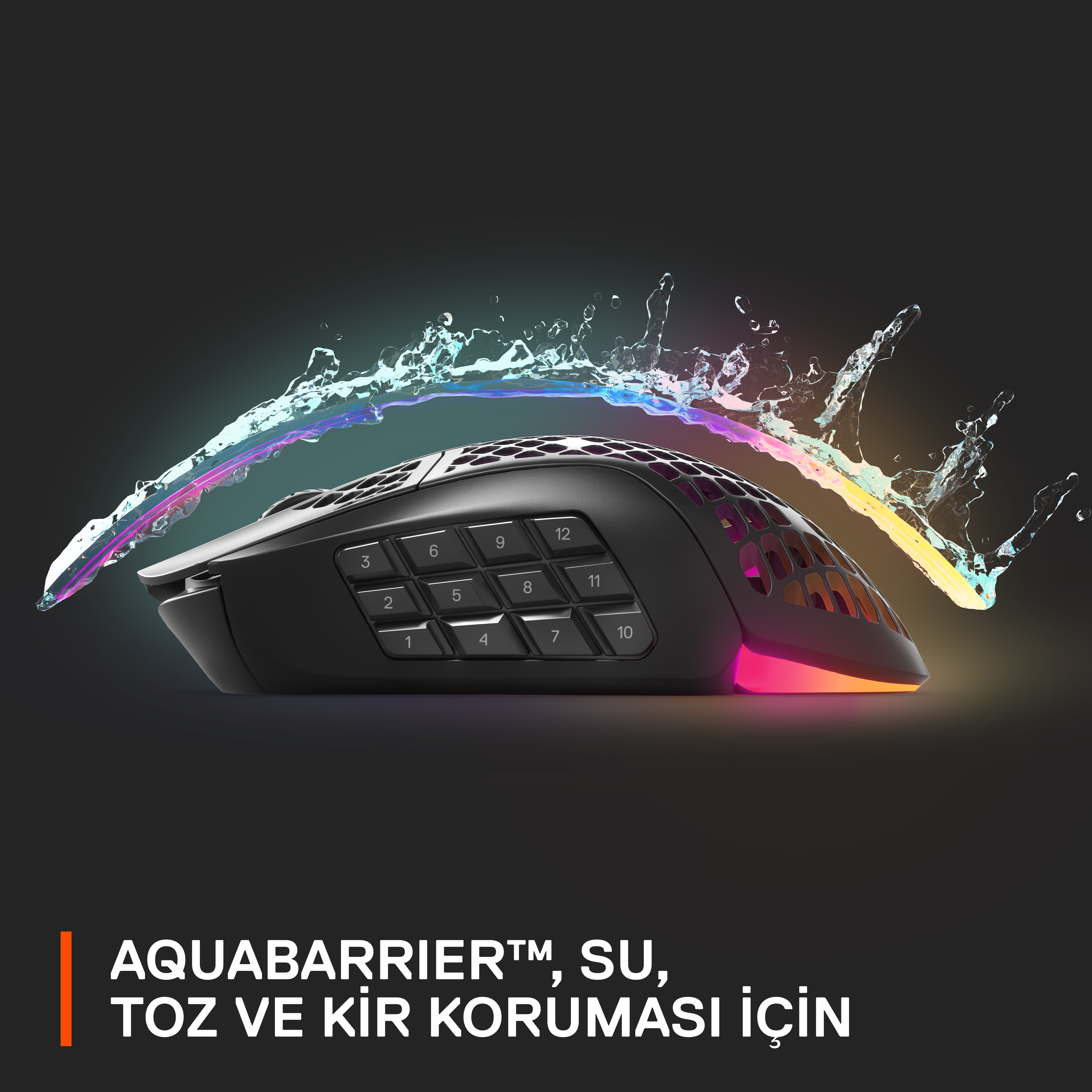 Numaralı düğmeleri olan siyah oyun faresi, su sıçramaları ve ışık efektleriyle.