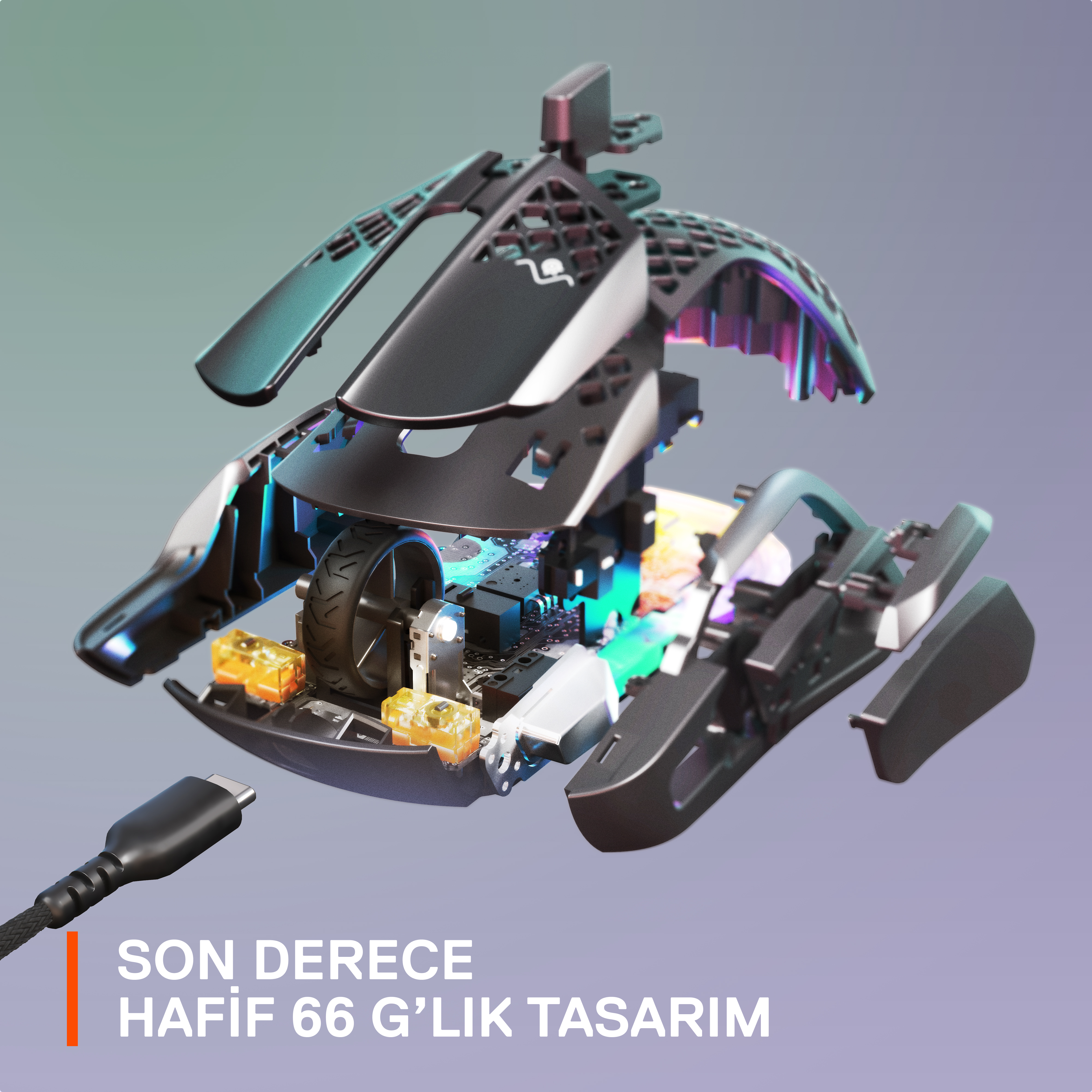 Sökülmüş bir oyun faresi. İç bileşenleri, bağlı kabloyu ve 'SON DERECE HAFİF' sloganını gösteriyor.