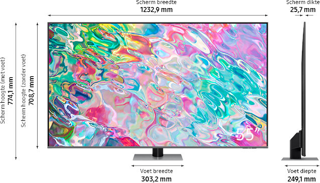 Een grote tv met afmetingen. Het scherm toont kleurrijke abstracte kunst, op een rechthoekige standaard.
