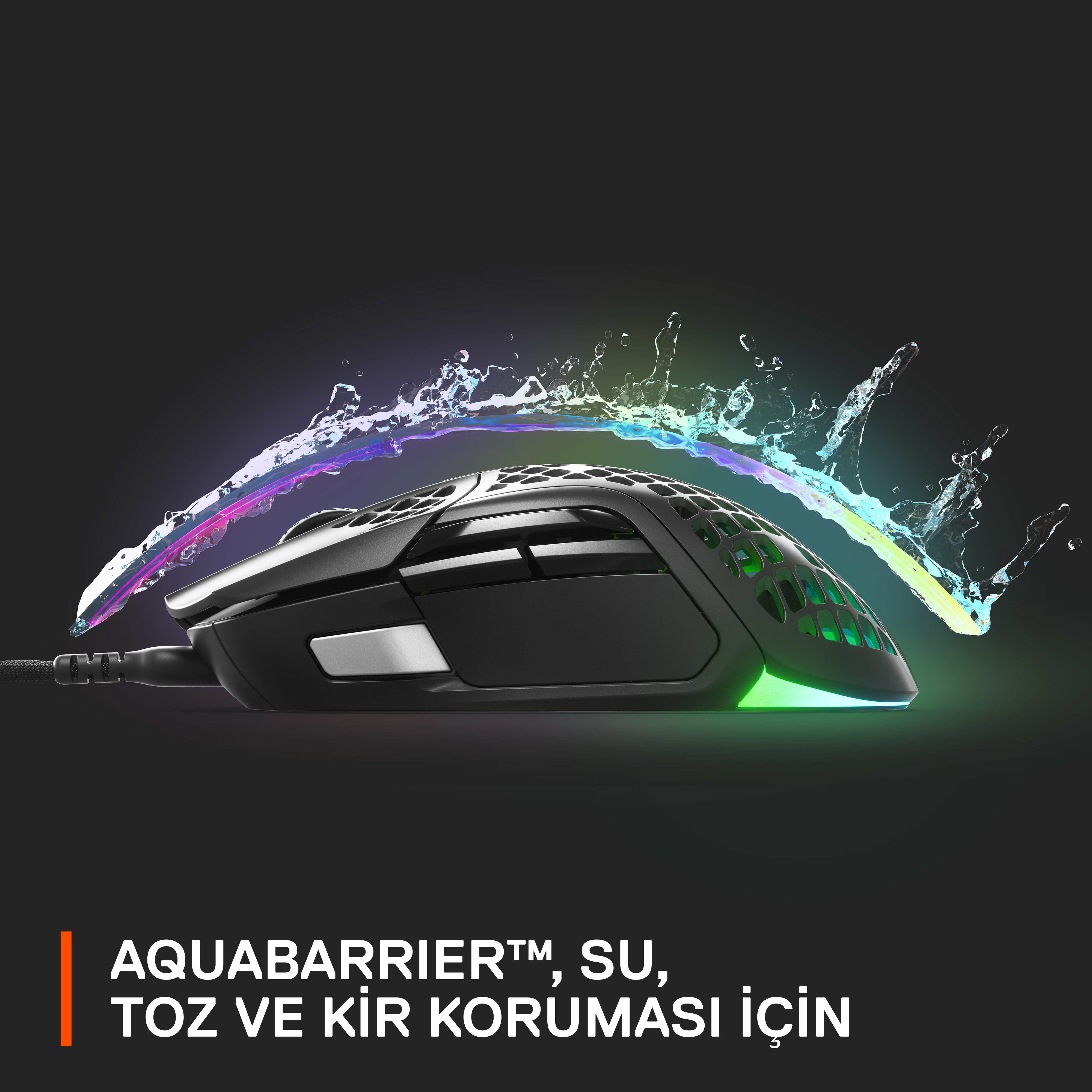 Siyah oyun faresi sıçrama efektleri, su koruma metni.