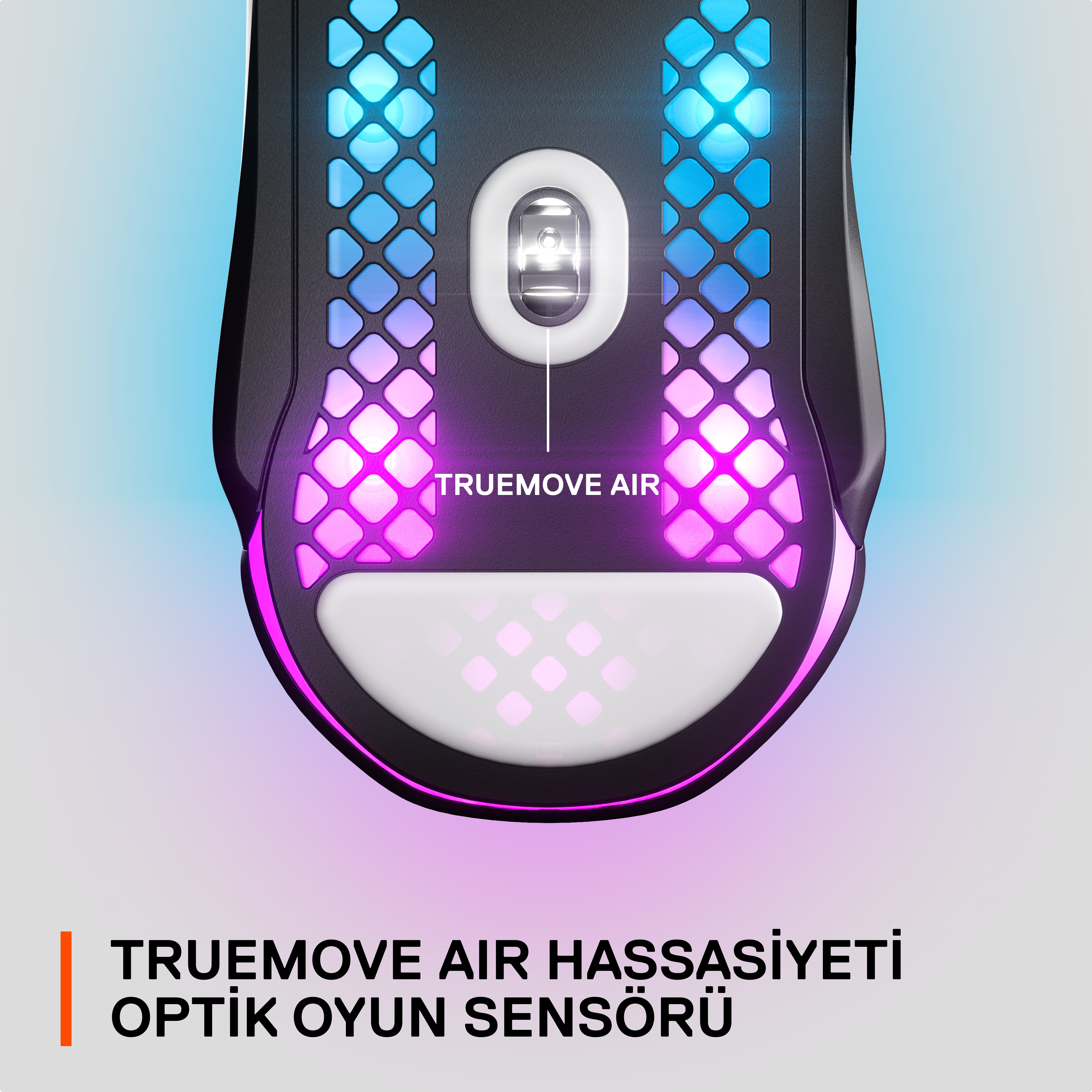 Siyah fare, yanıyor. Altta beyaz bir ped var. Metin: TRUEMOVE AIR.