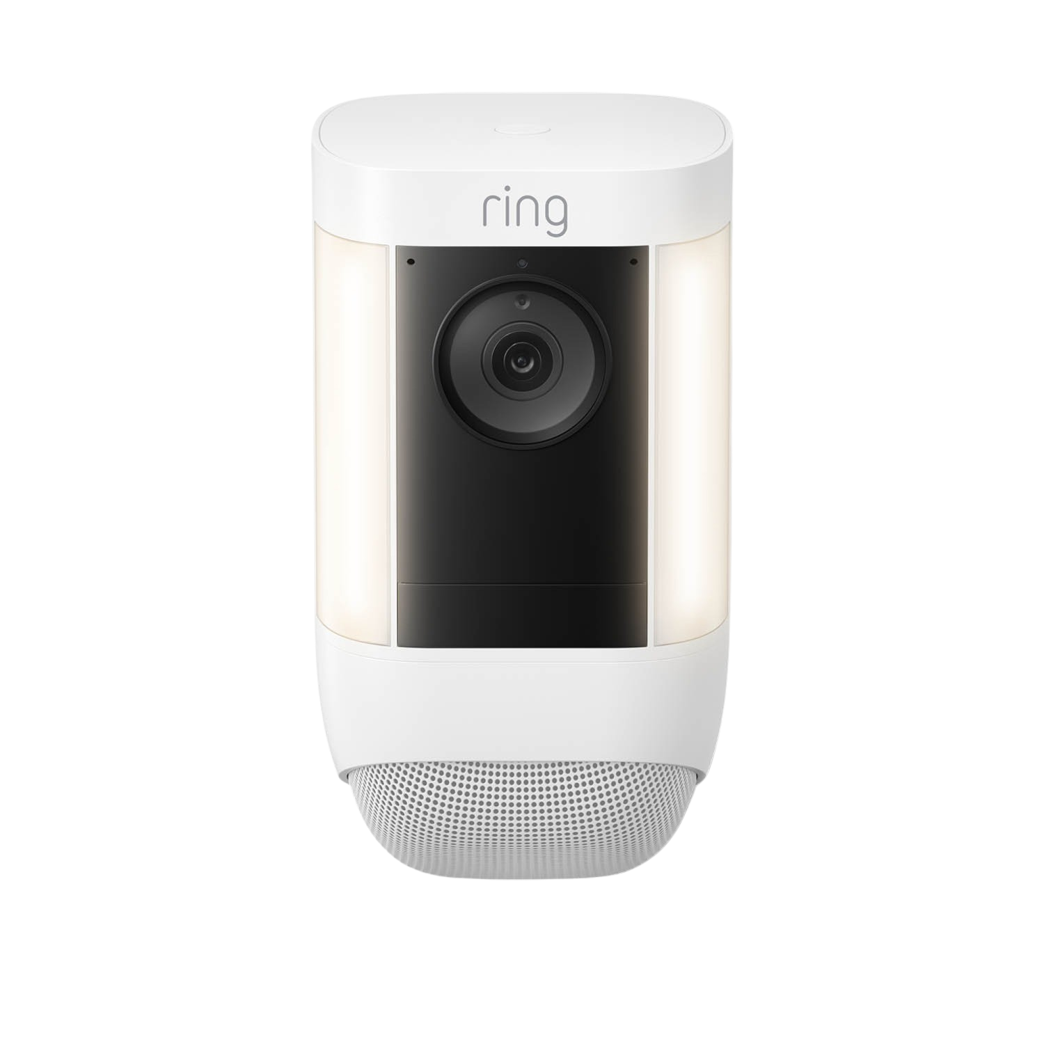 Une caméra de sécurité Ring blanche. Elle possède un objectif noir et est blanche avec des lumières.