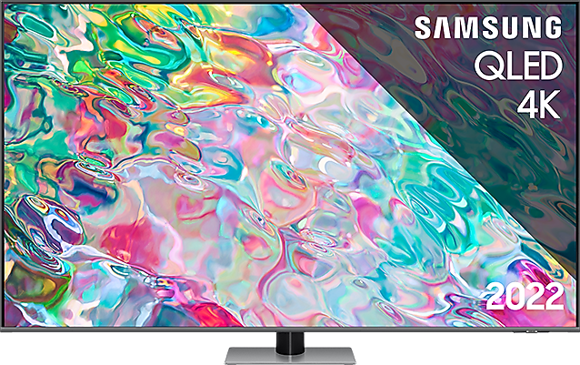 Een tv-scherm met kleurrijke, abstracte patronen en de woorden 'SAMSUNG QLED 4K'.