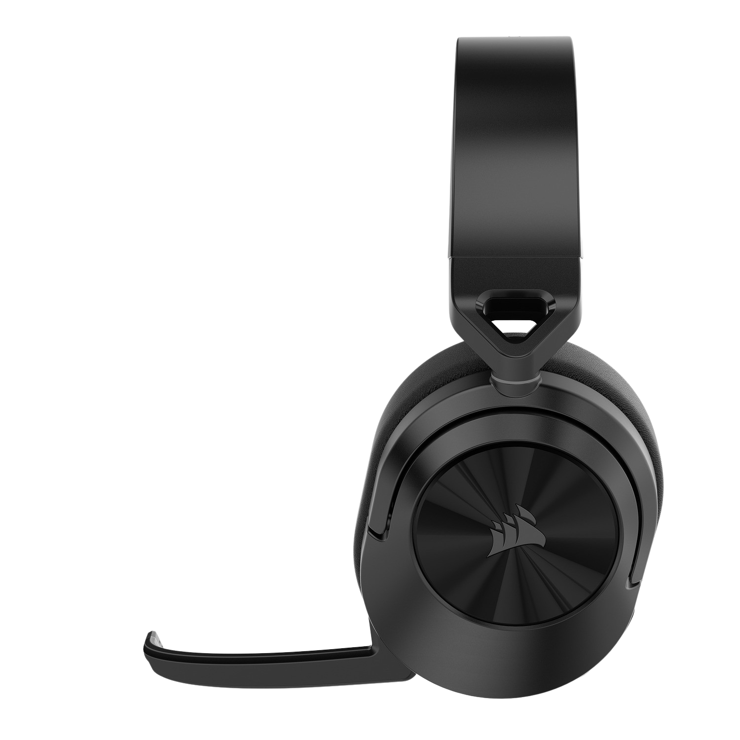 Zwarte gamingheadset met microfoon, geïsoleerd op zwarte achtergrond.