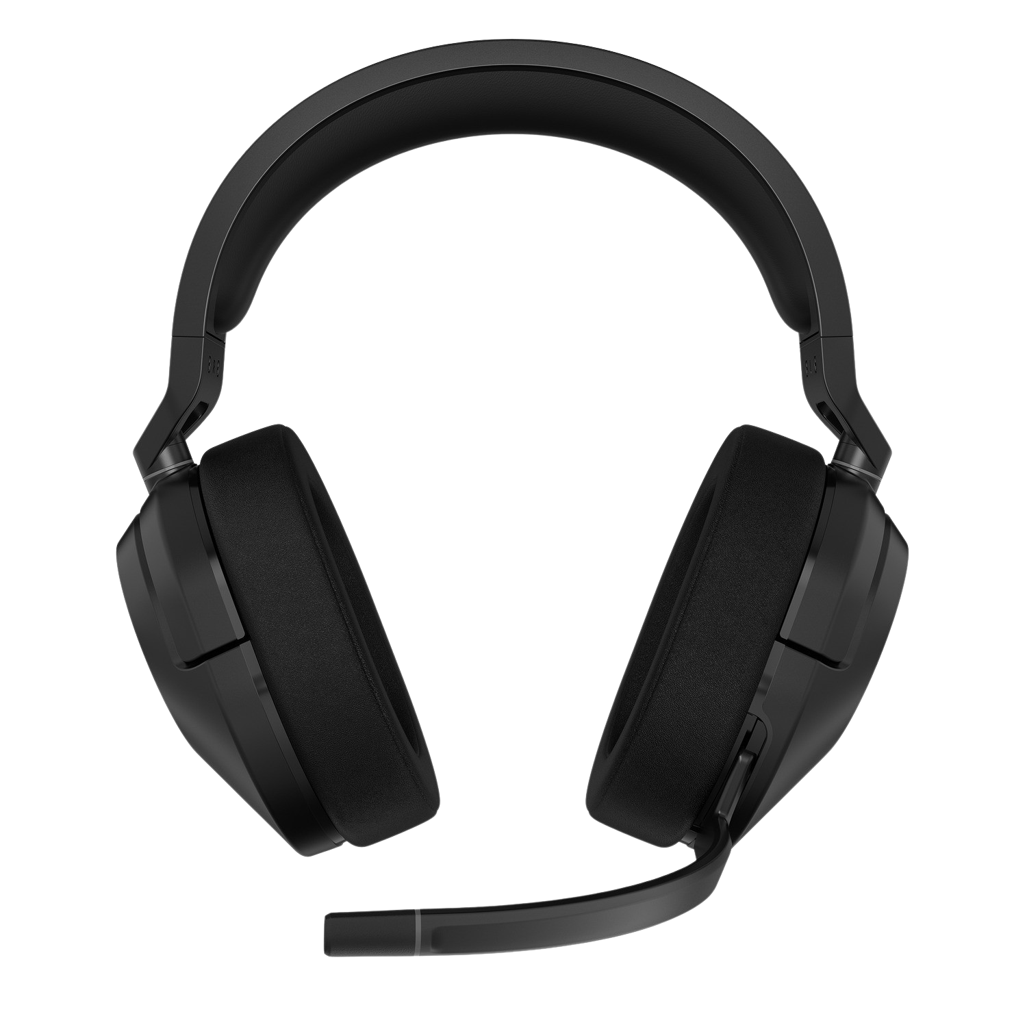 Zwarte over-ear koptelefoon met een microfoon bevestigd, tegen een zwarte achtergrond.