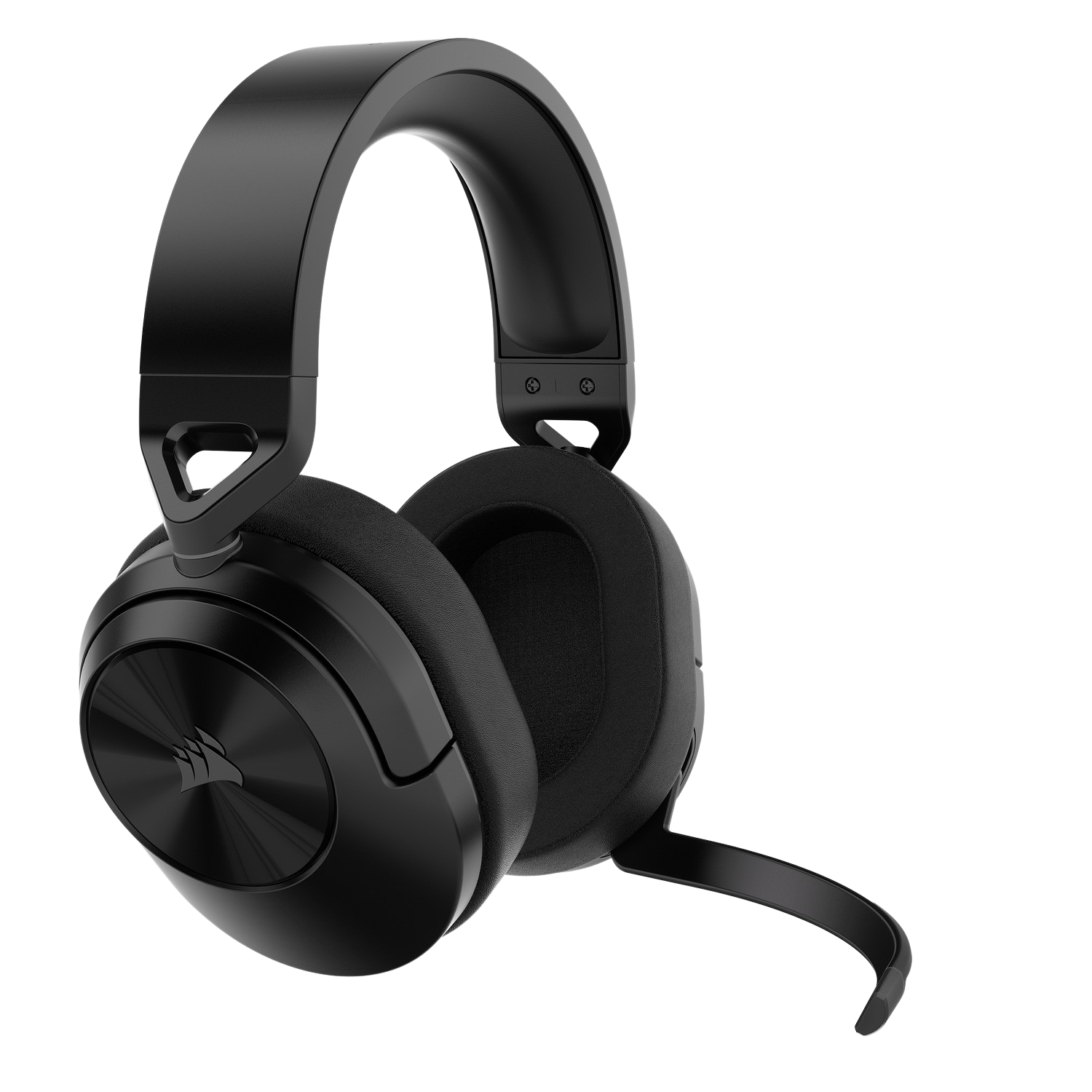 Zwarte Corsair gaming headset met microfoon. Schuine weergave, witte achtergrond.