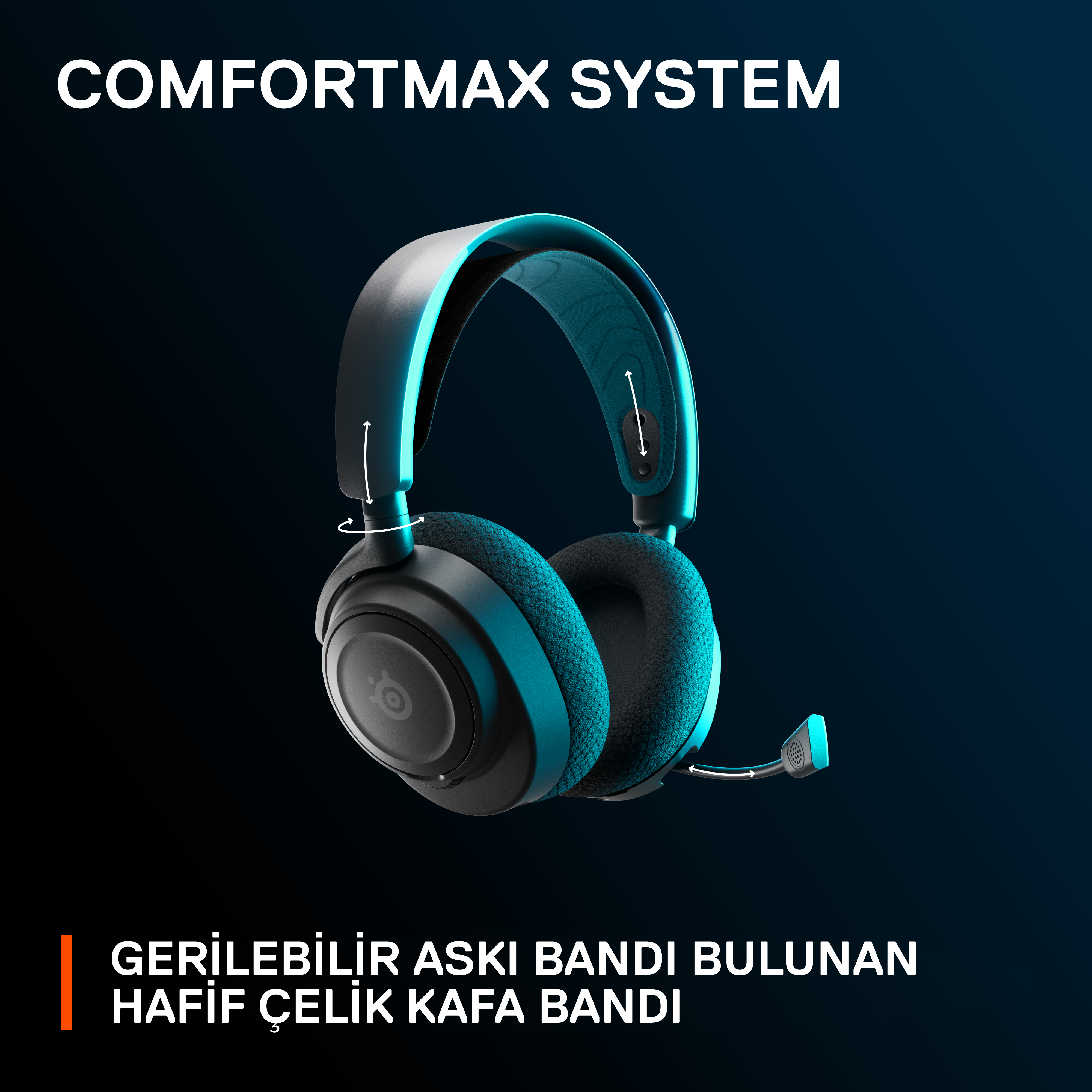 Mikrofonlu kulaklık. Siyah ve mavi renk düzeni. Metin: COMFORTMAX SYSTEM.