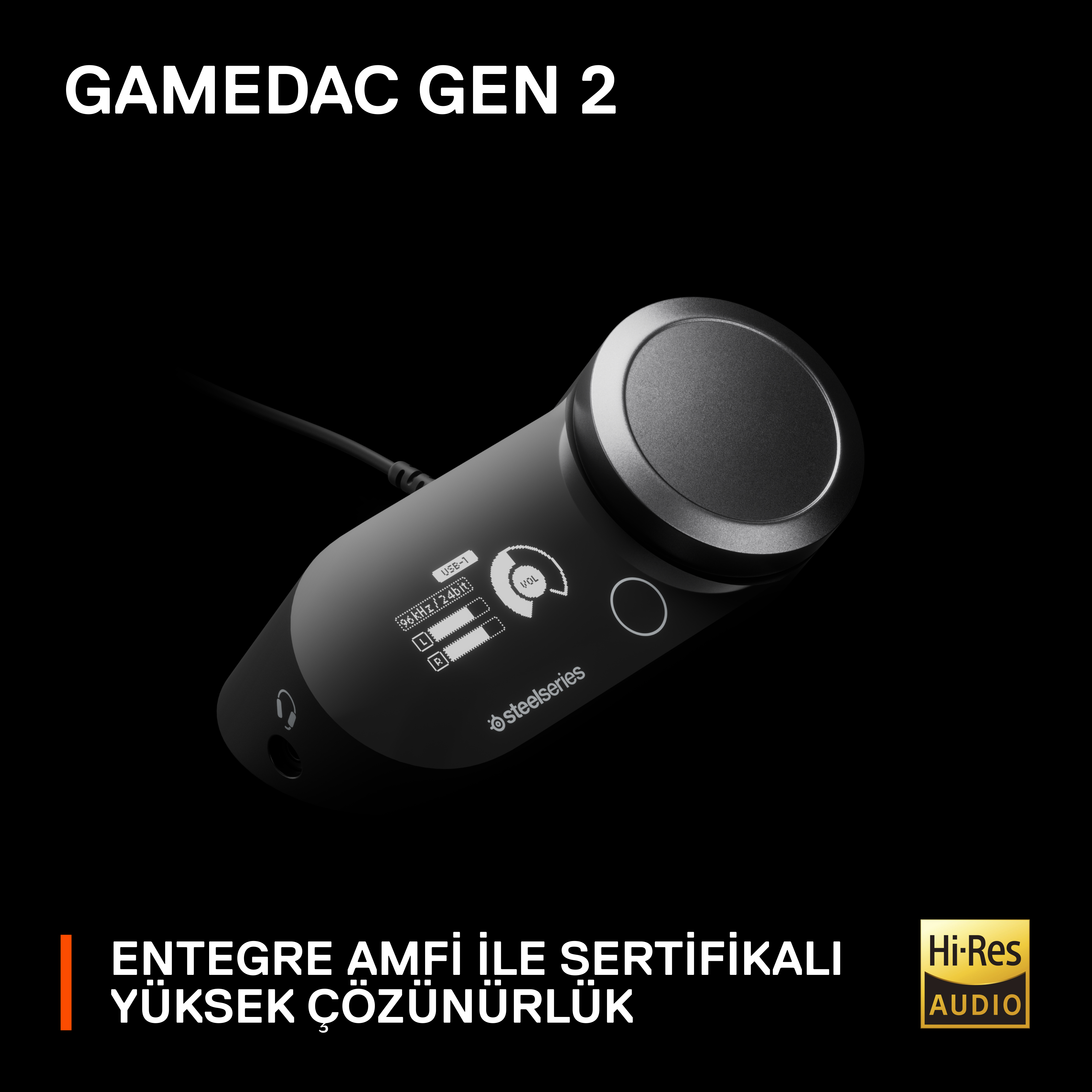Kadranlı siyah kontrol paneli. Metin: GAMEDAC GEN 2. Hi-Res Audio logosu.
