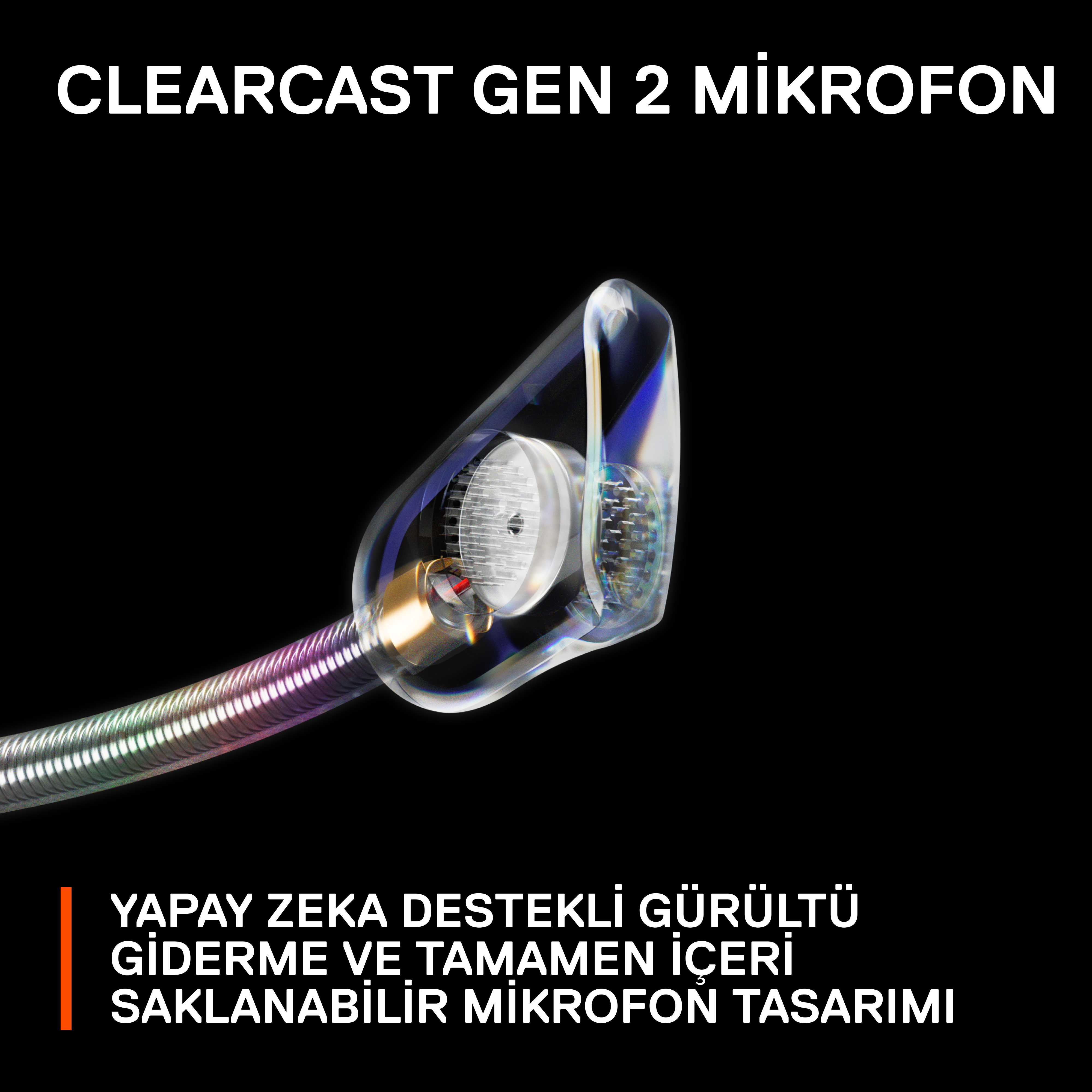 Metin içeren bir oyun kulaklığı mikrofonunun yakın çekimi.