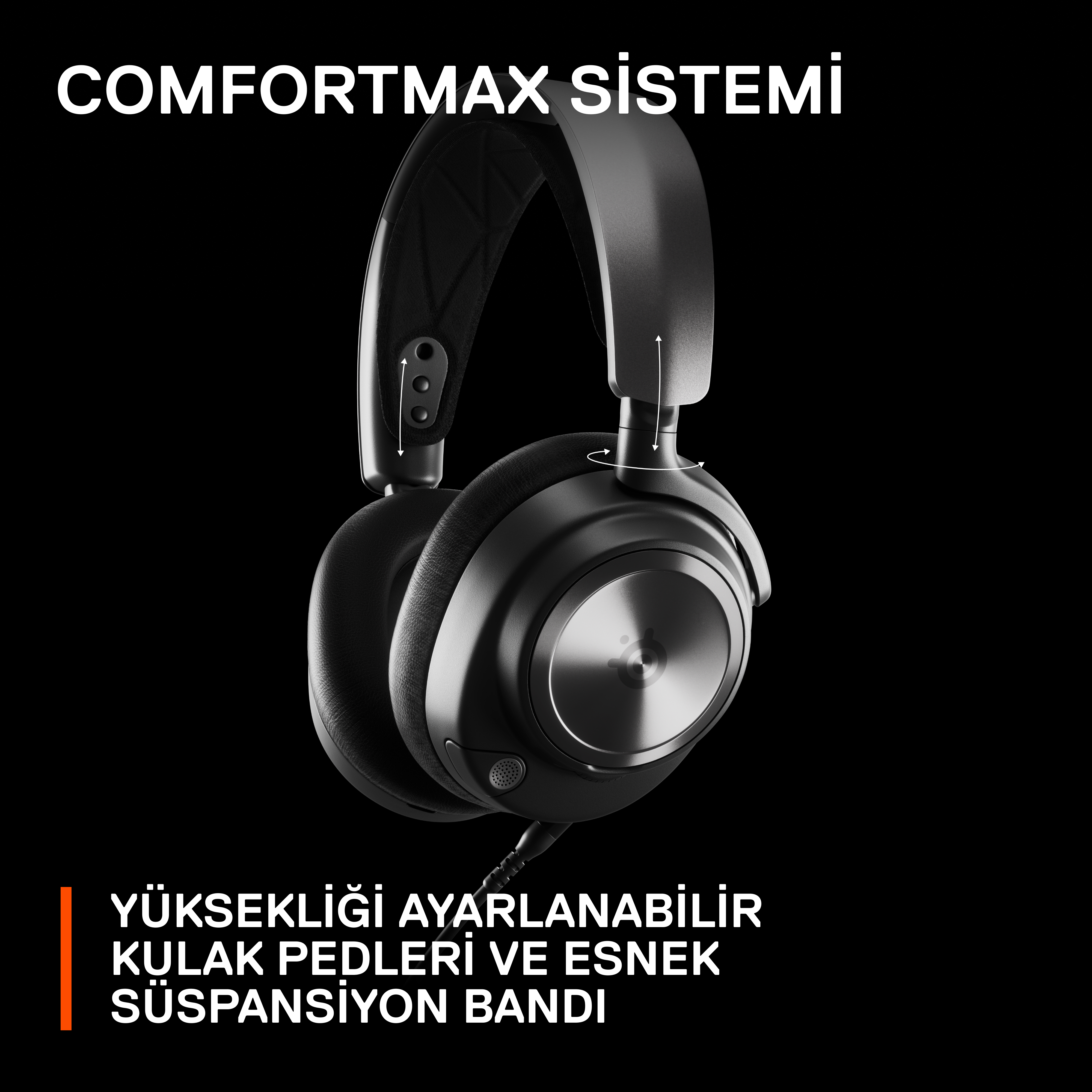Siyah arka plan üzerinde ayarlanabilir kulak yastıklarına ve esnek baş bandına sahip siyah kulaklıklar.