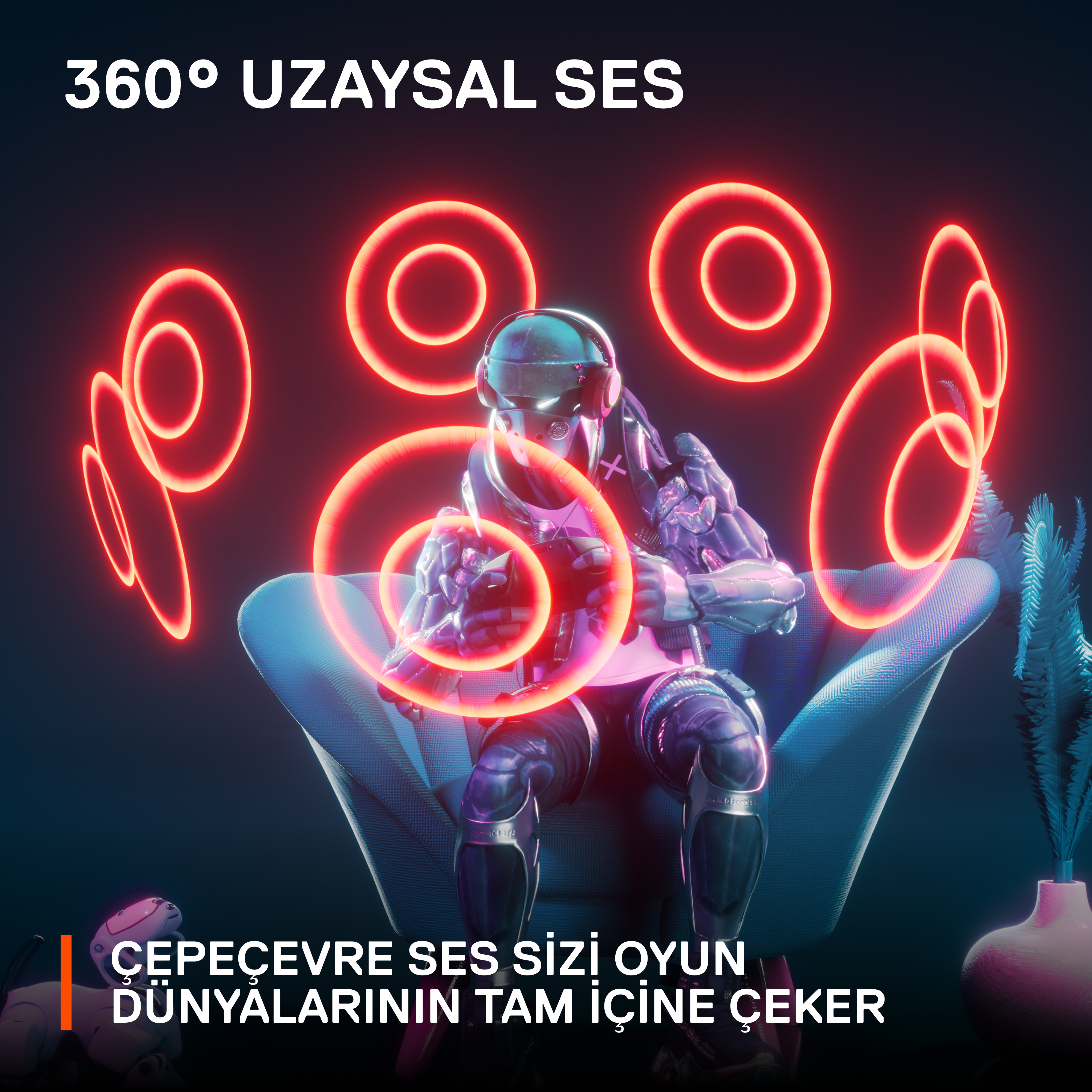 Etrafında neon halkalar olan bir sandalyede oturan bir kişi, fütüristik bir estetik.