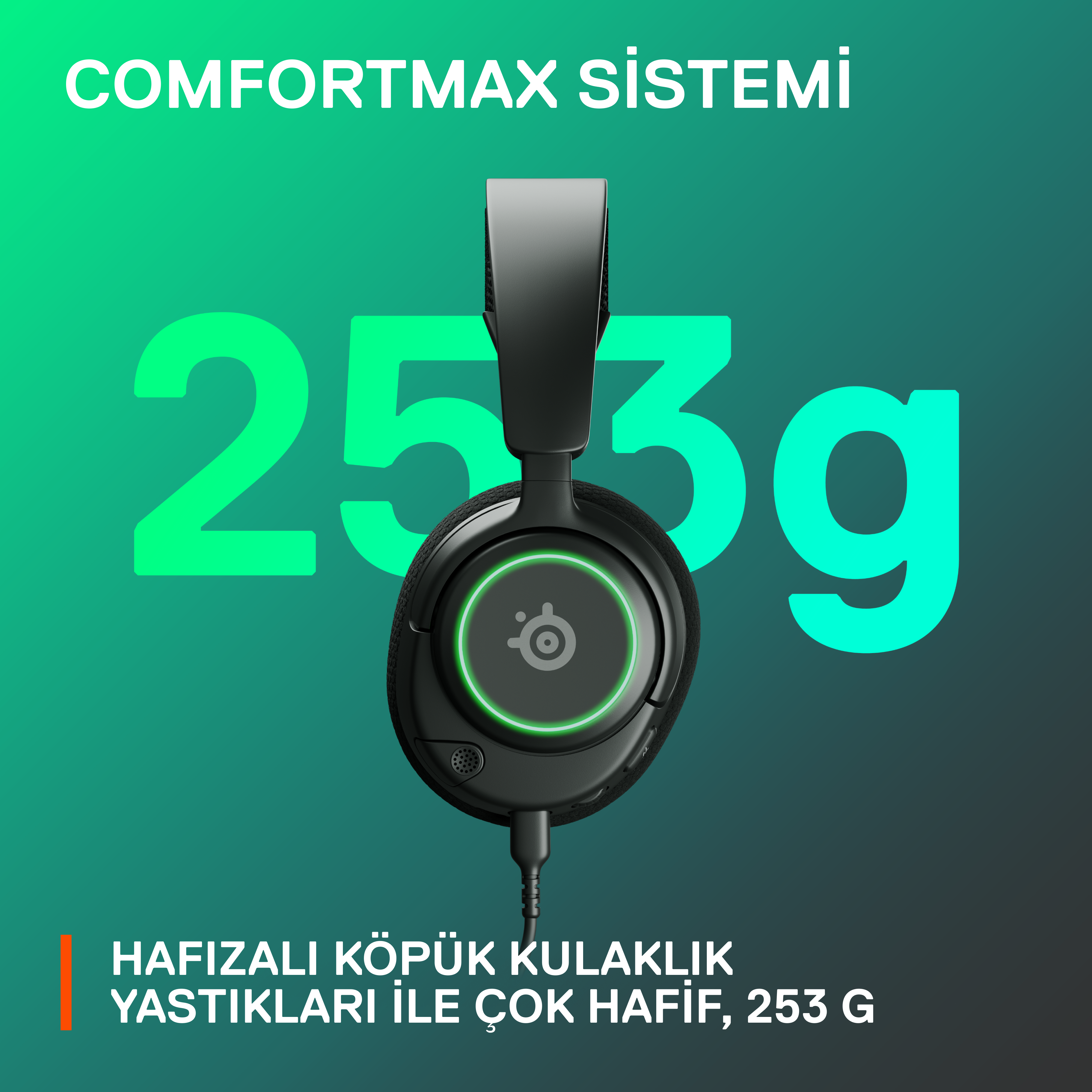 Siyah kulaklıklar, yeşilden siyaha degrade arka plan üzerinde. Ağırlık, 253g, büyük yeşil sayılarla.