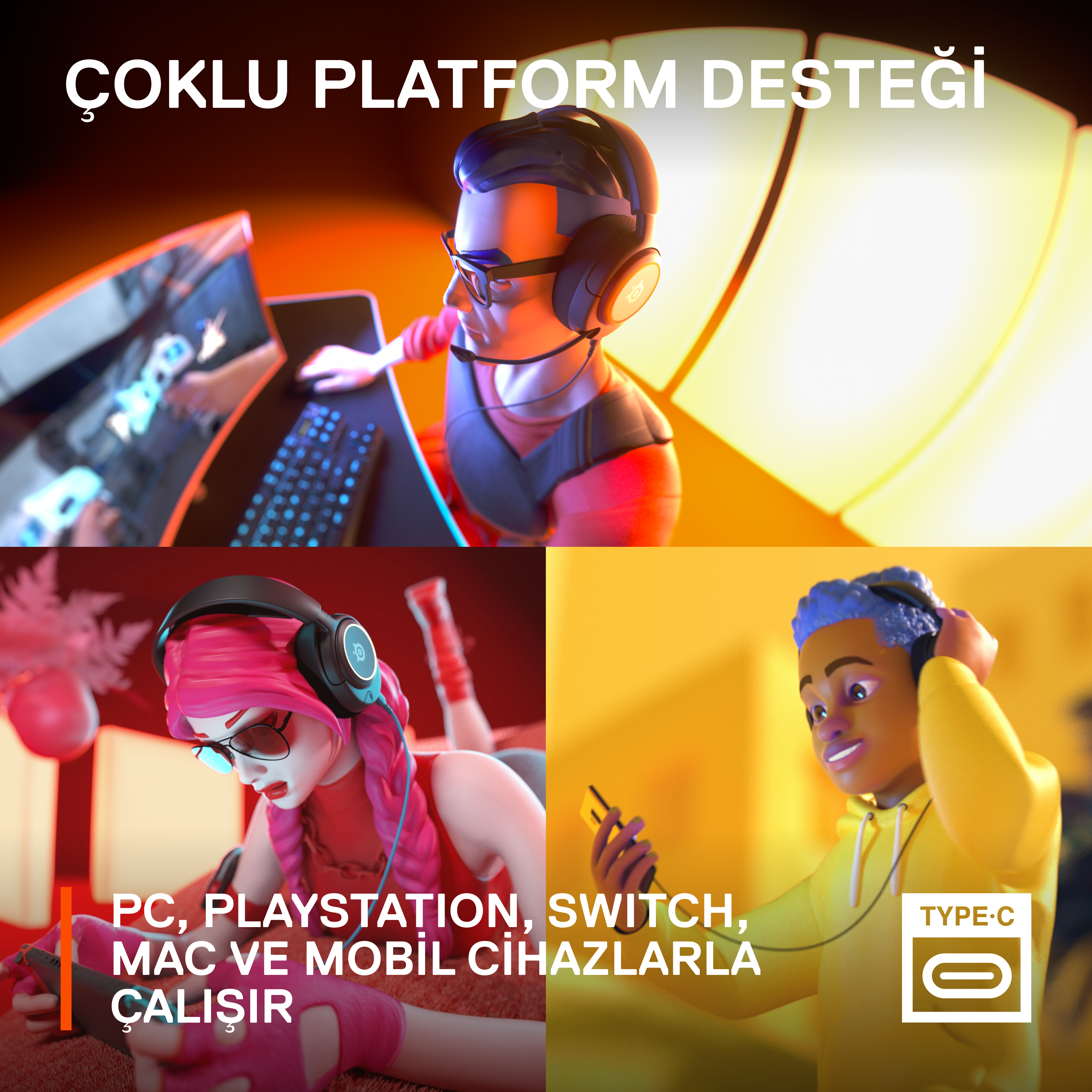 Çizgi film karakterleri cihaz, kulaklık kullanıyor ve çoklu platform desteği hakkında metin.