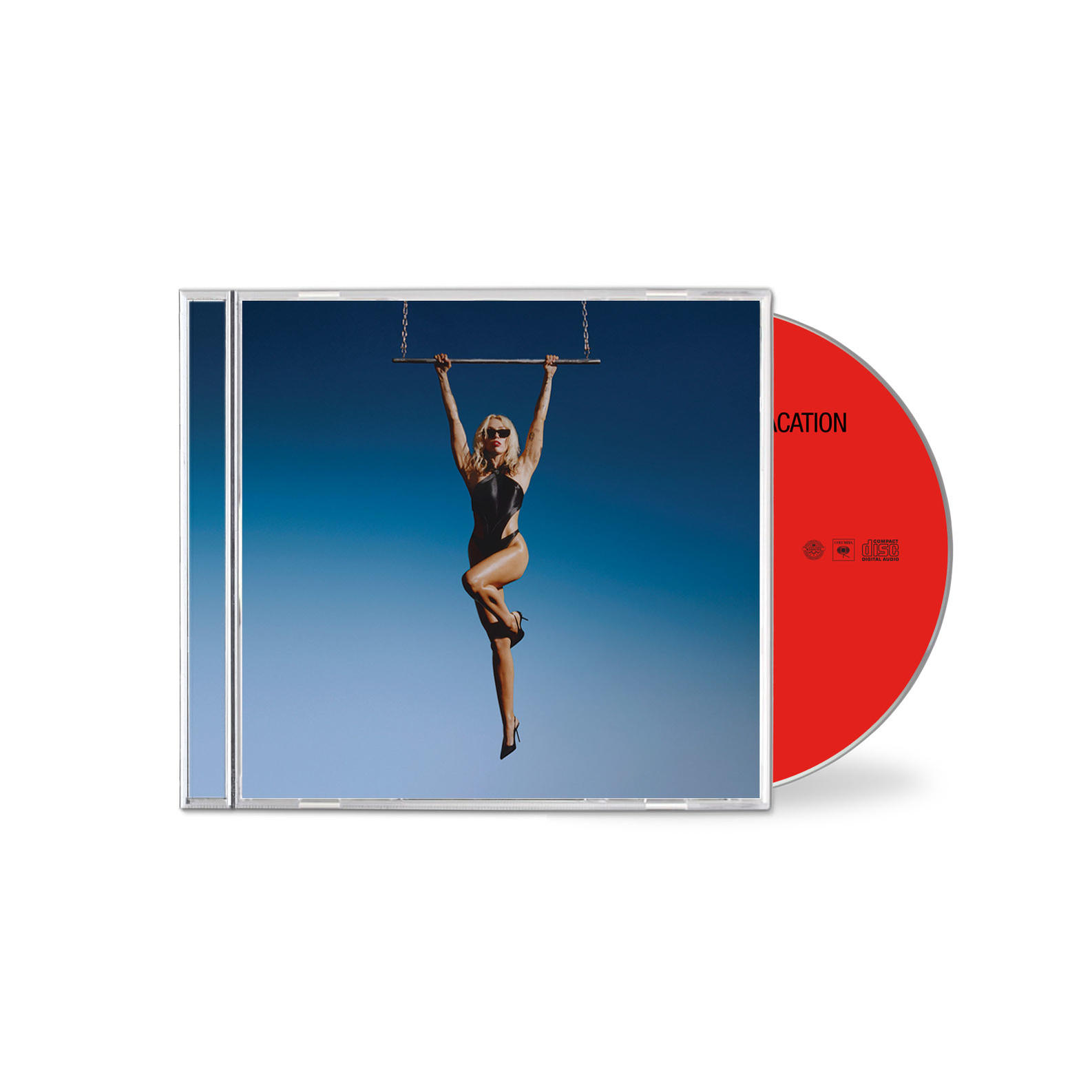 Ein CD-Case mit einer Frau, die an einer Stange vor blauem Himmel hängt, und eine rote CD.