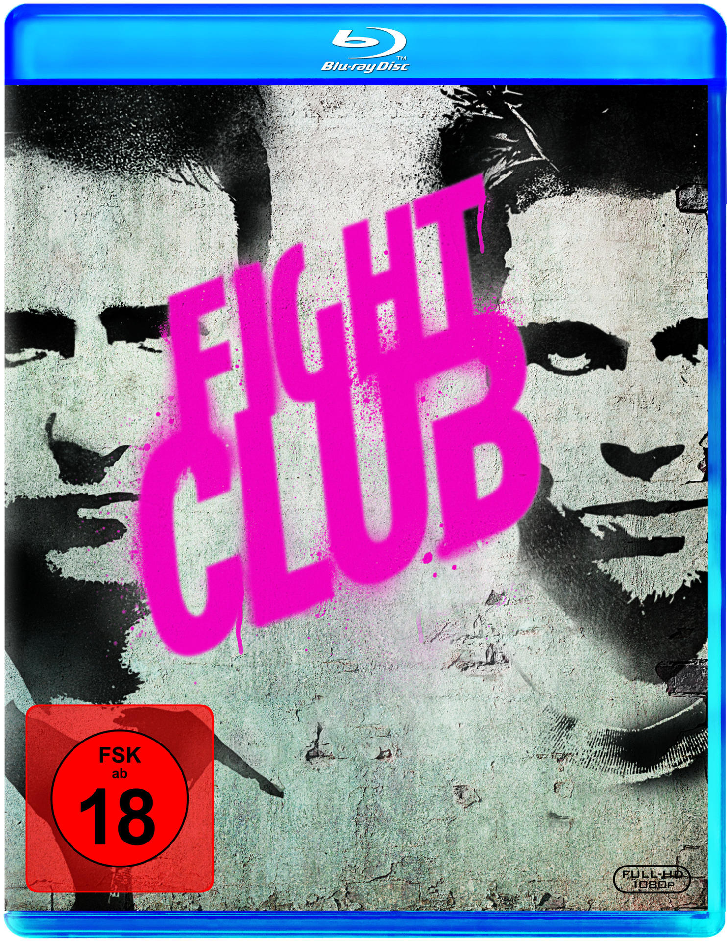 Blu-ray-Cover für den Film 'Fight Club'. Zeigt zwei Gesichter mit pinkfarbenem Text.