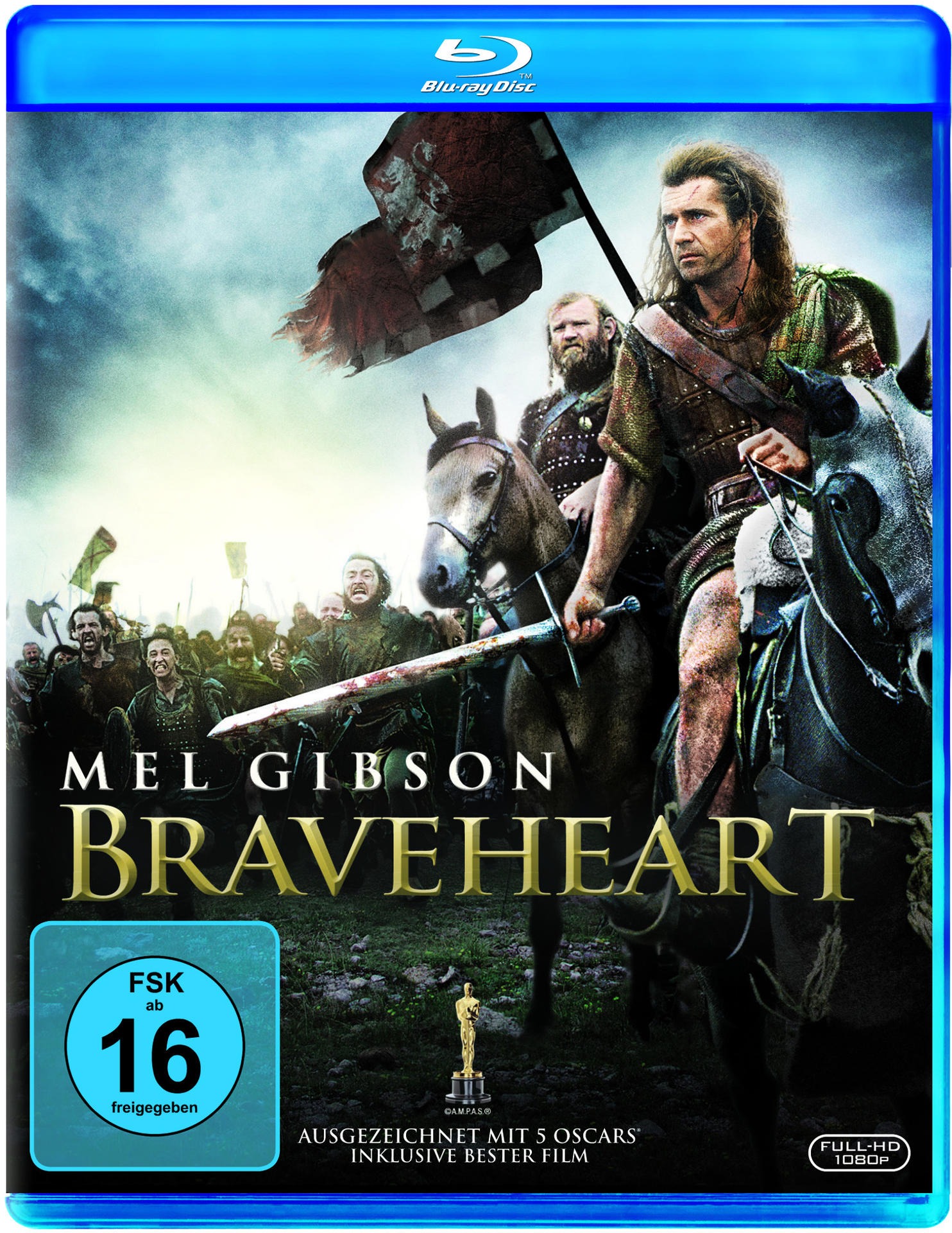 DVD-Cover. Mel Gibson als William Wallace auf dem Pferd. Kampfszene. Blaue Hülle, Filmtitel: Braveheart.