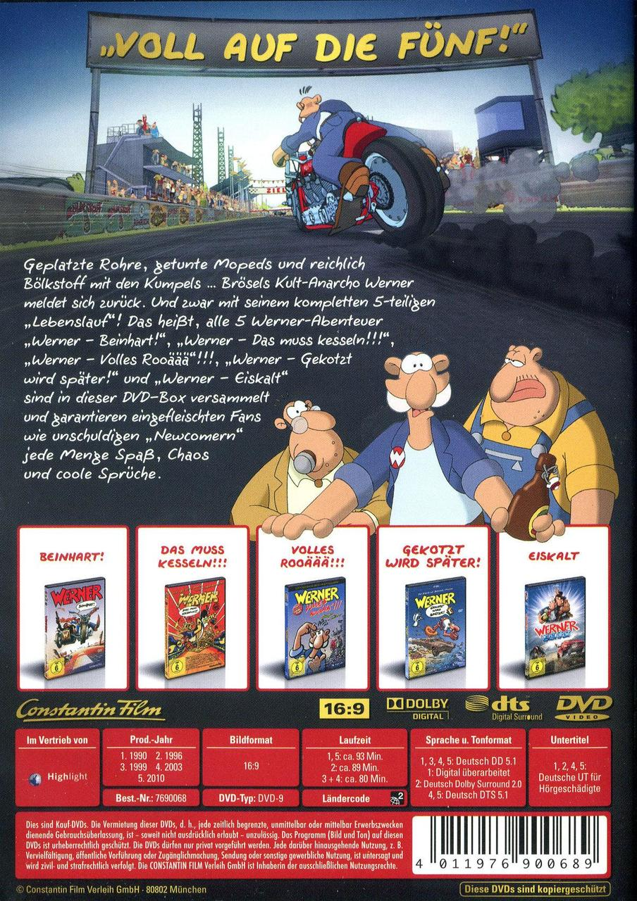 Rückseite einer DVD-Box-Set mit Zeichentrickfiguren und DVD-Hüllen.
