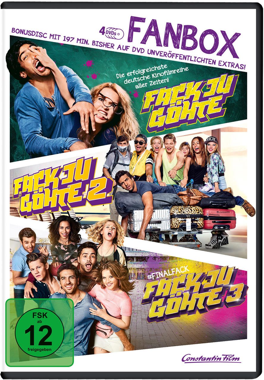 Eine Multi-DVD-Hülle für den Film 'Fack Ju Göhte' mit Schauspielern und Filmplakaten.