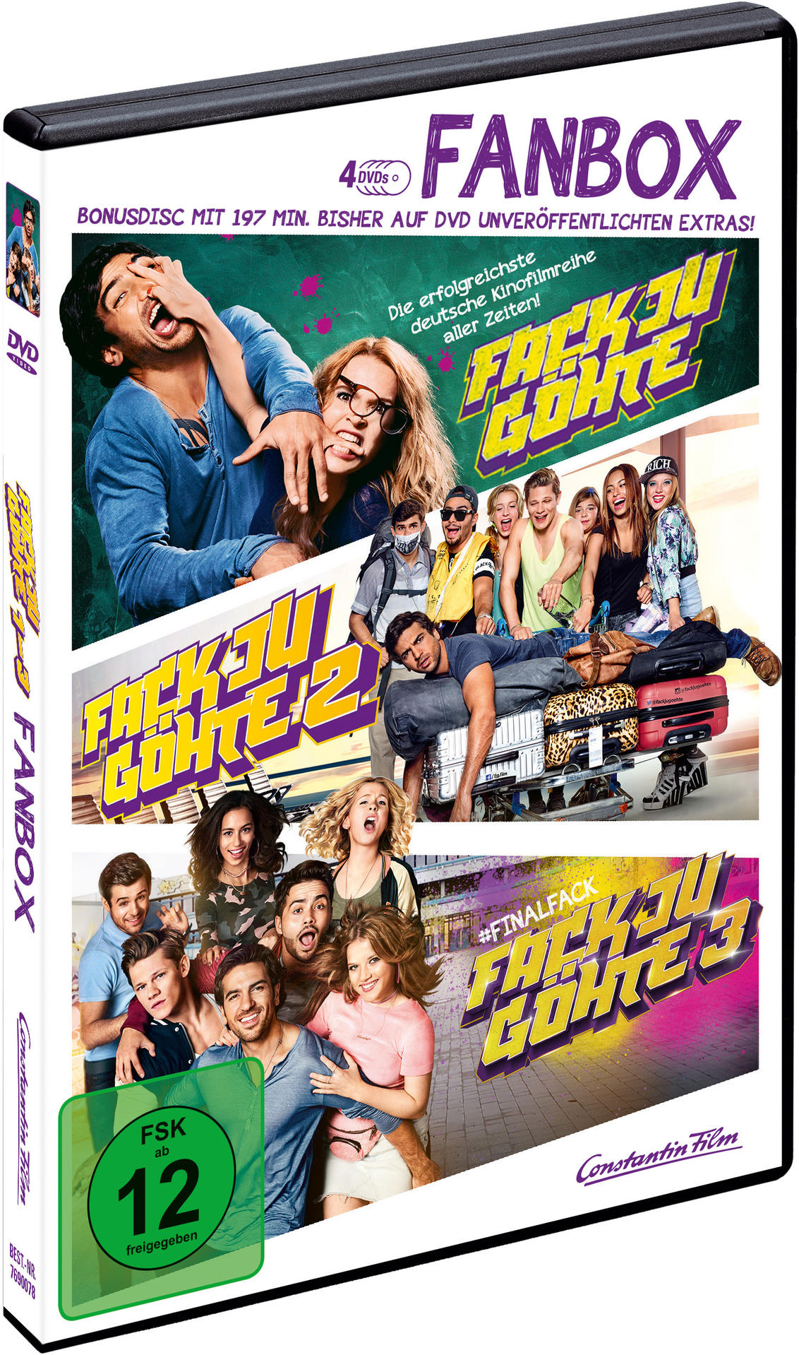 Eine DVD-Box mit drei Filmcovern und mehreren Personen darauf.
