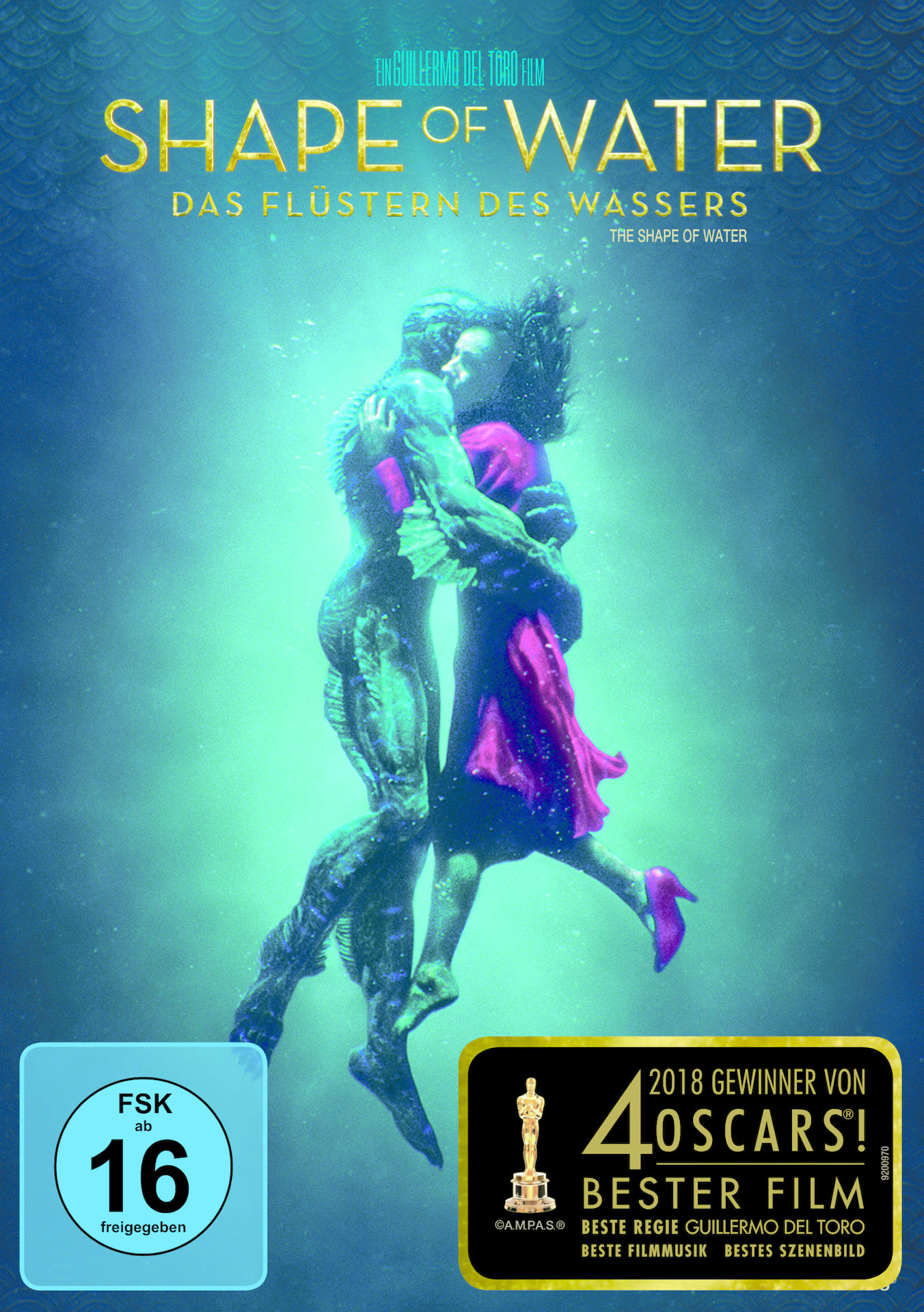 Das Shape of Water-Filmplakat. Zeigt zwei Charaktere im Wasser. Text oben und Auszeichnungen unten.