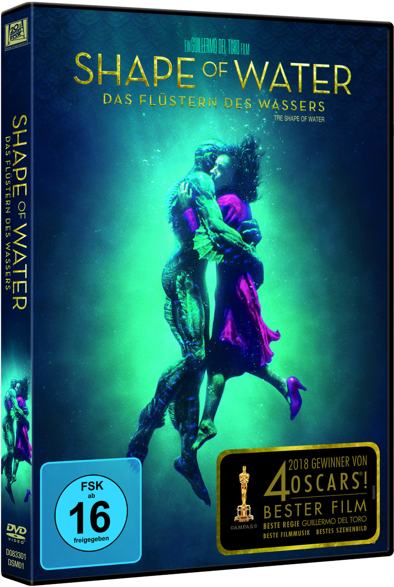 DVD-Hülle von 'Shape of Water' mit Filmplakat einer Frau und einer Kreatur.