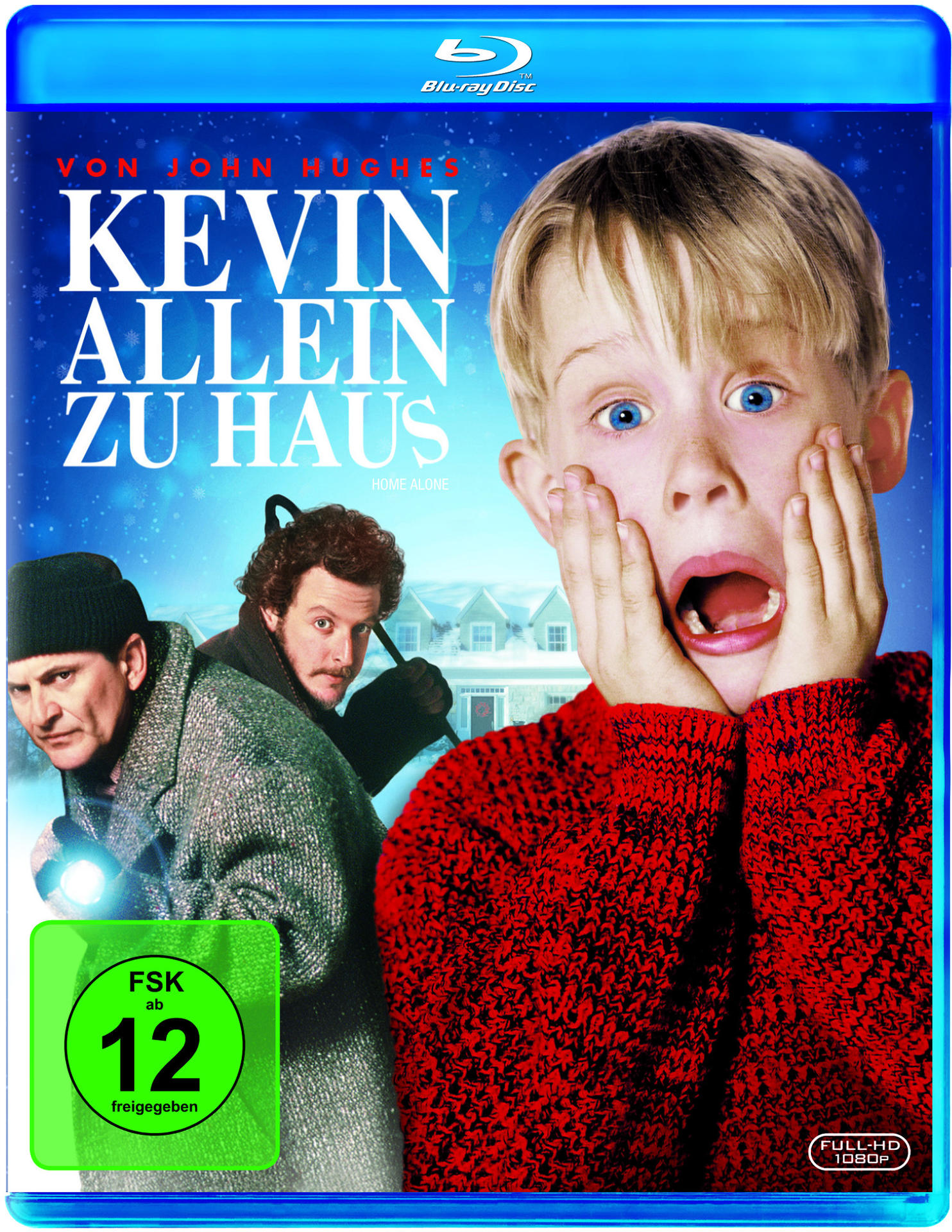 DVD-Cover für 'Kevin - Allein zu Haus'. Junge mit offenem Mund, zwei Männer dahinter, Haus im Hintergrund. Schnee.