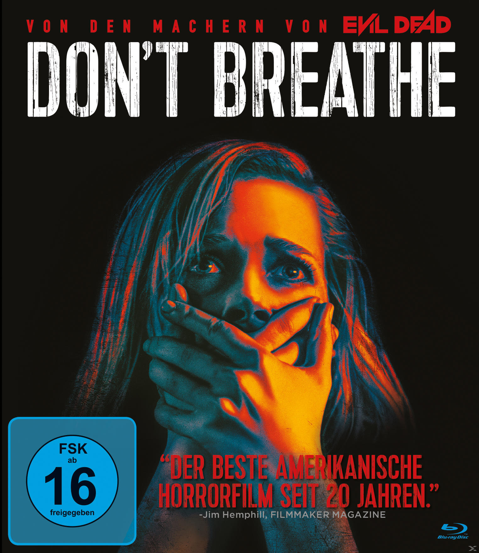 Filmplakat für Don't Breathe. Das Gesicht einer Frau wird von Händen bedeckt. Der Titel ist weiß.